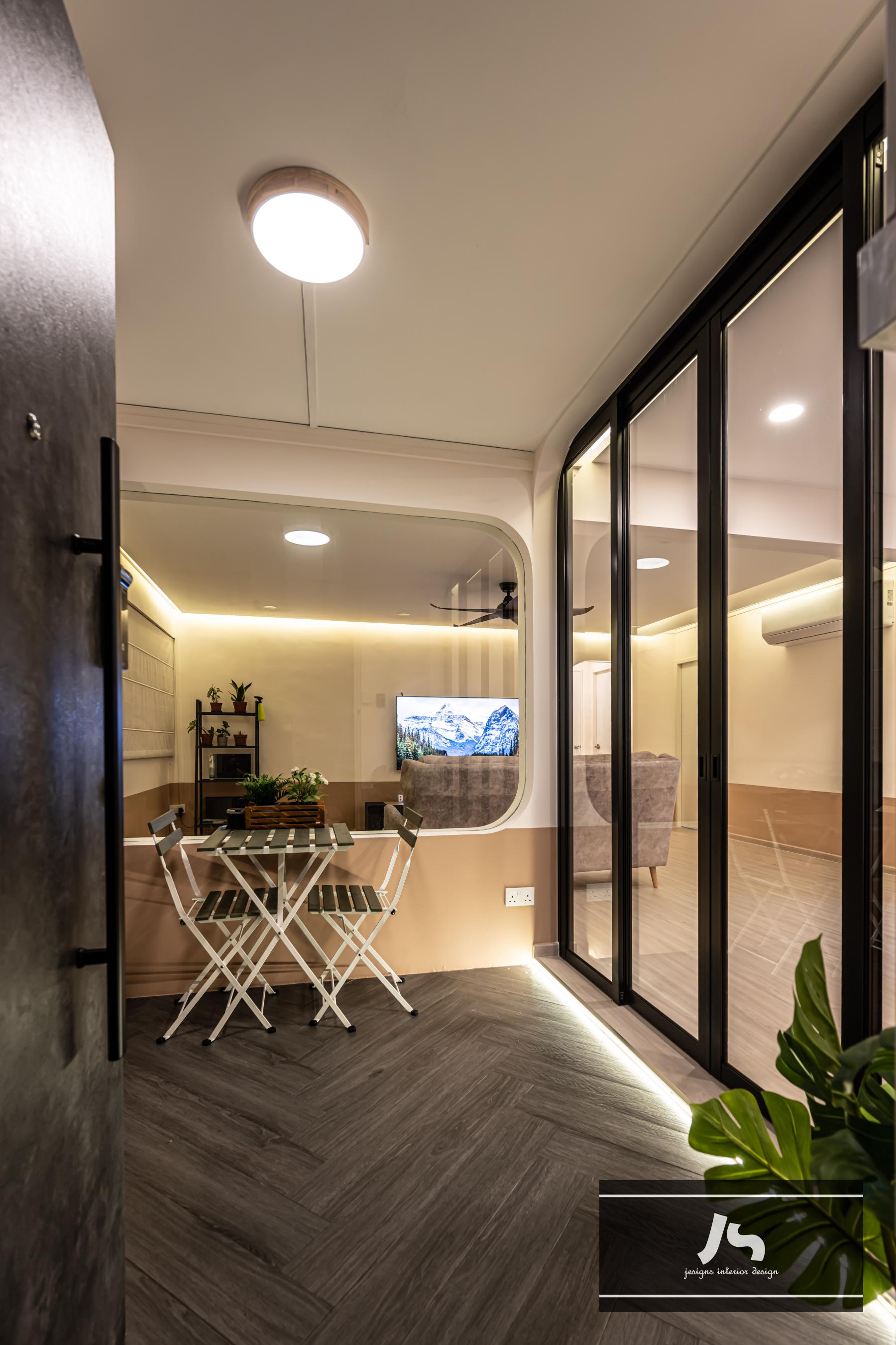 Modern Entryway with Seating Bench and Display Cabinets