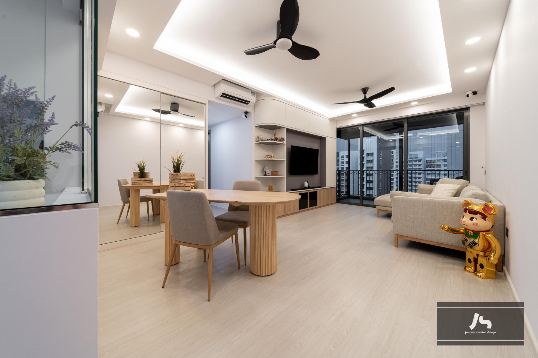 Minimalist Dining Room with Cove Lighting and Downlights