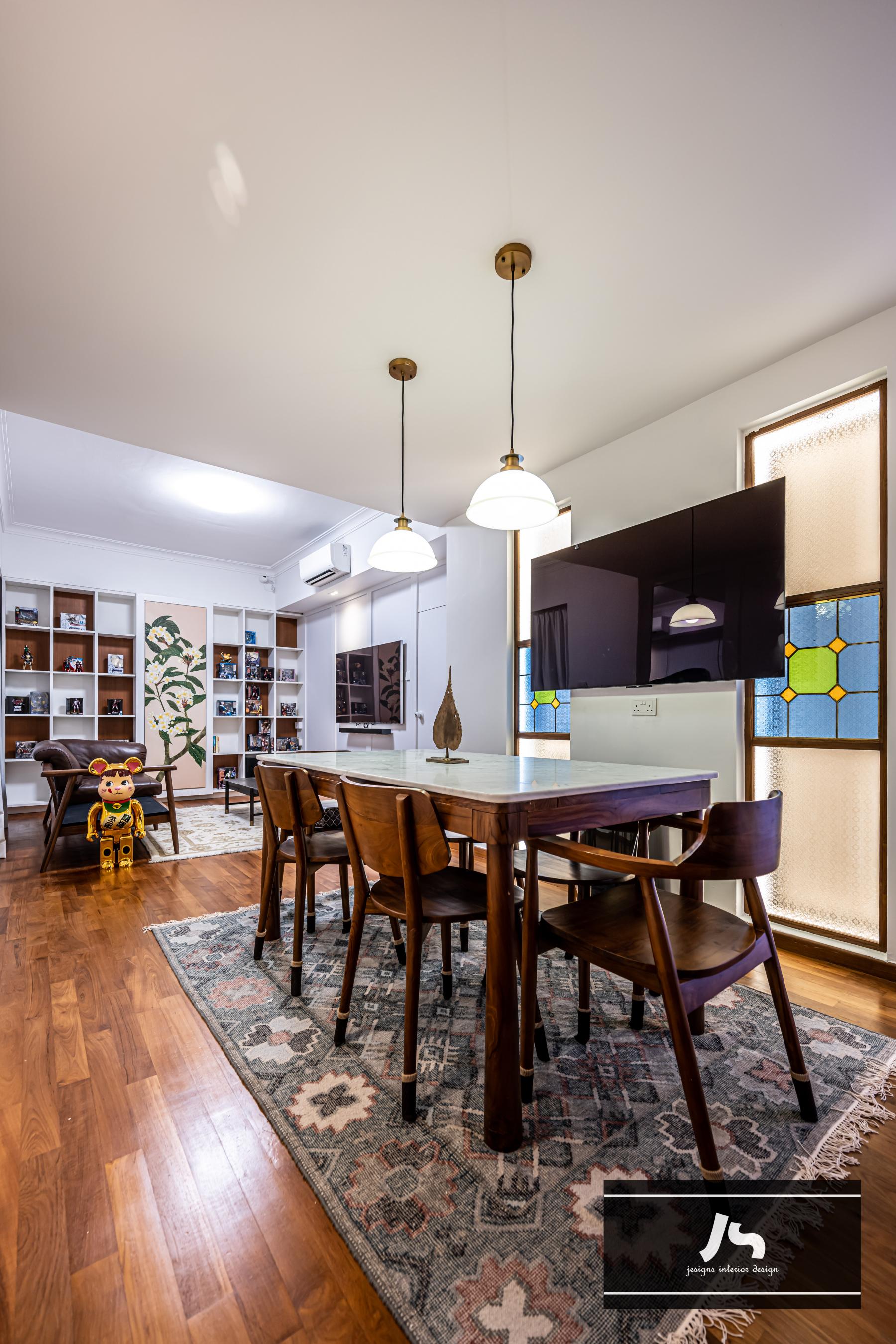 Asian Dining Room with Ceiling Light and Downlights
