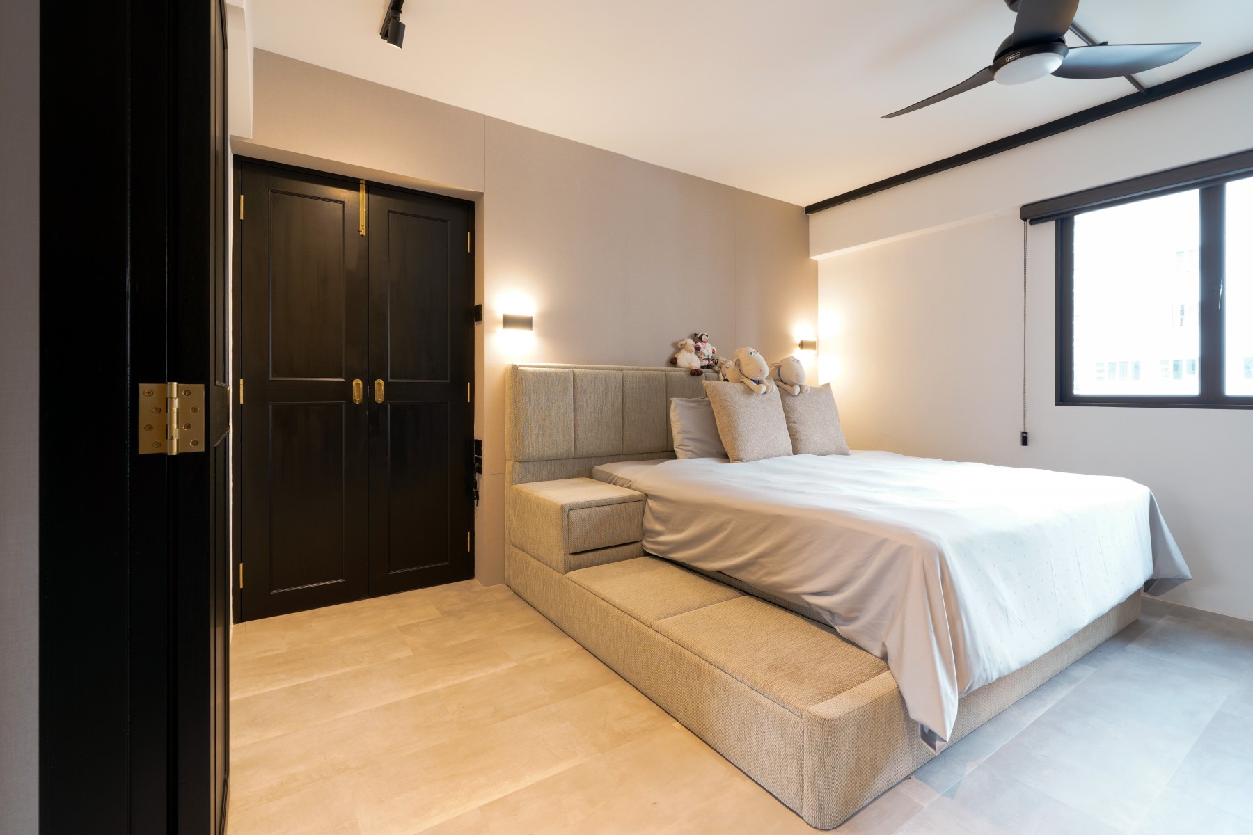 Industrial Bedroom with Homogeneous Tiles and Bedroom Dresser