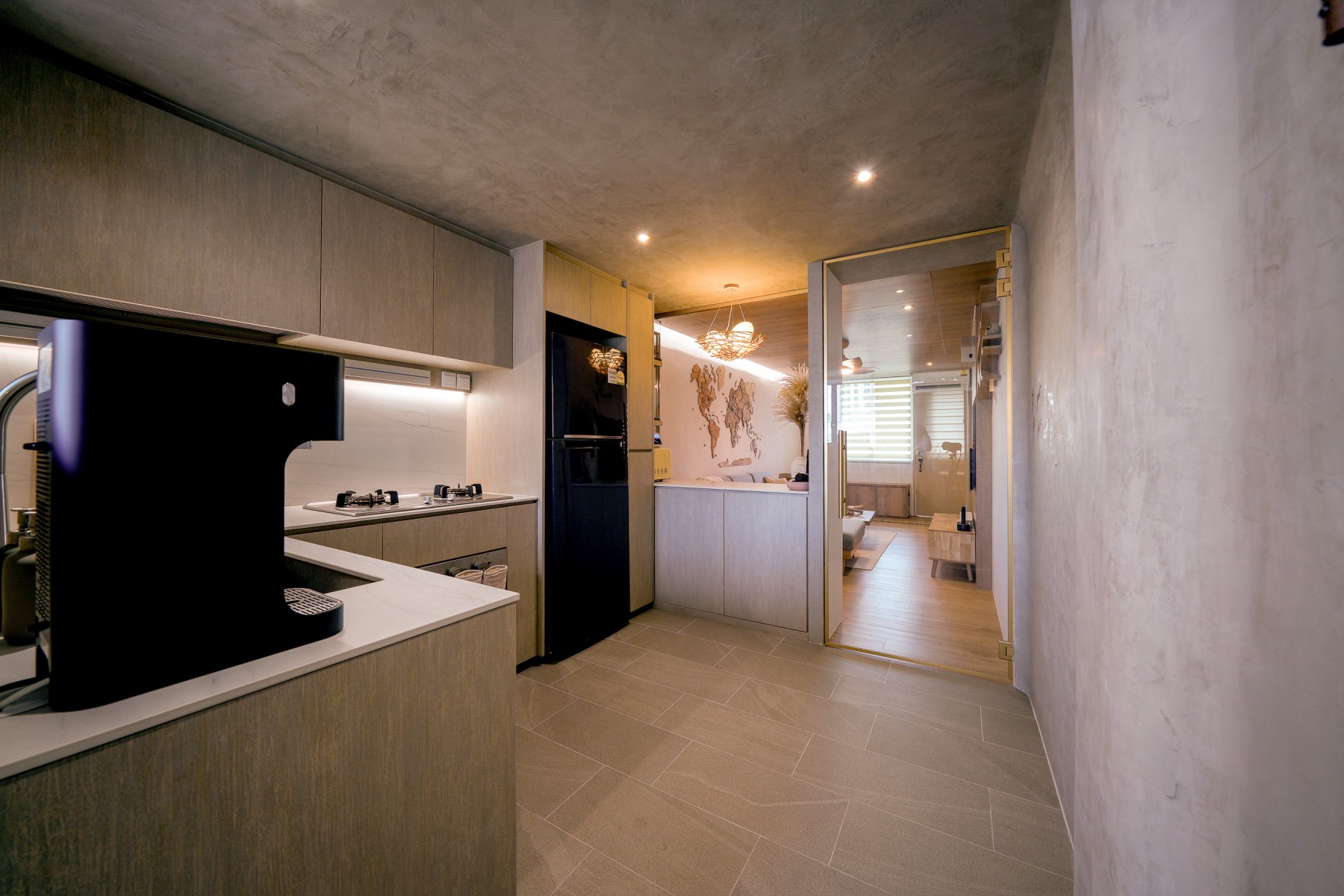 Scandinavian Kitchen with Homogeneous Tiles and Cupboard
