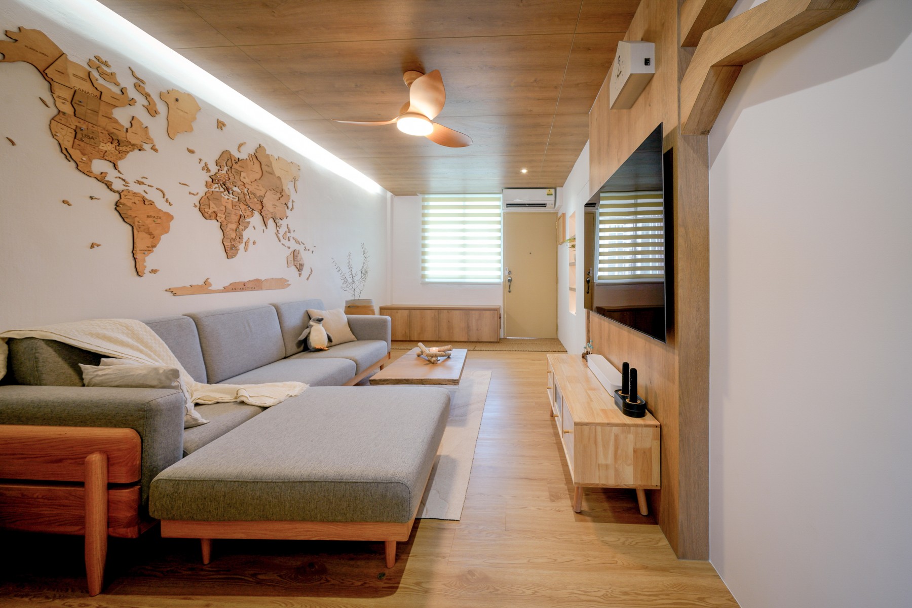 Scandinavian Living Room with Vinyl Flooring and TV Console