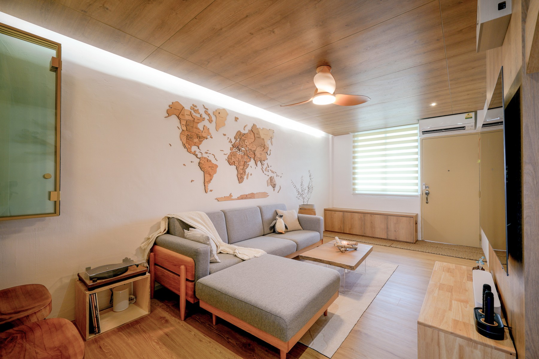 Scandinavian Living Room with TV Console and Feature Wall
