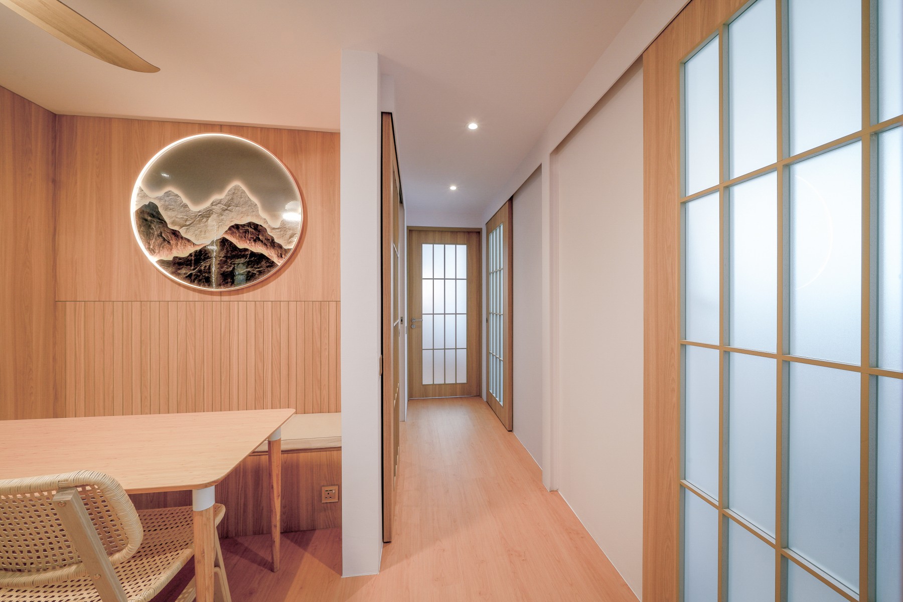 Scandinavian Hallway with Artwork and Paintings