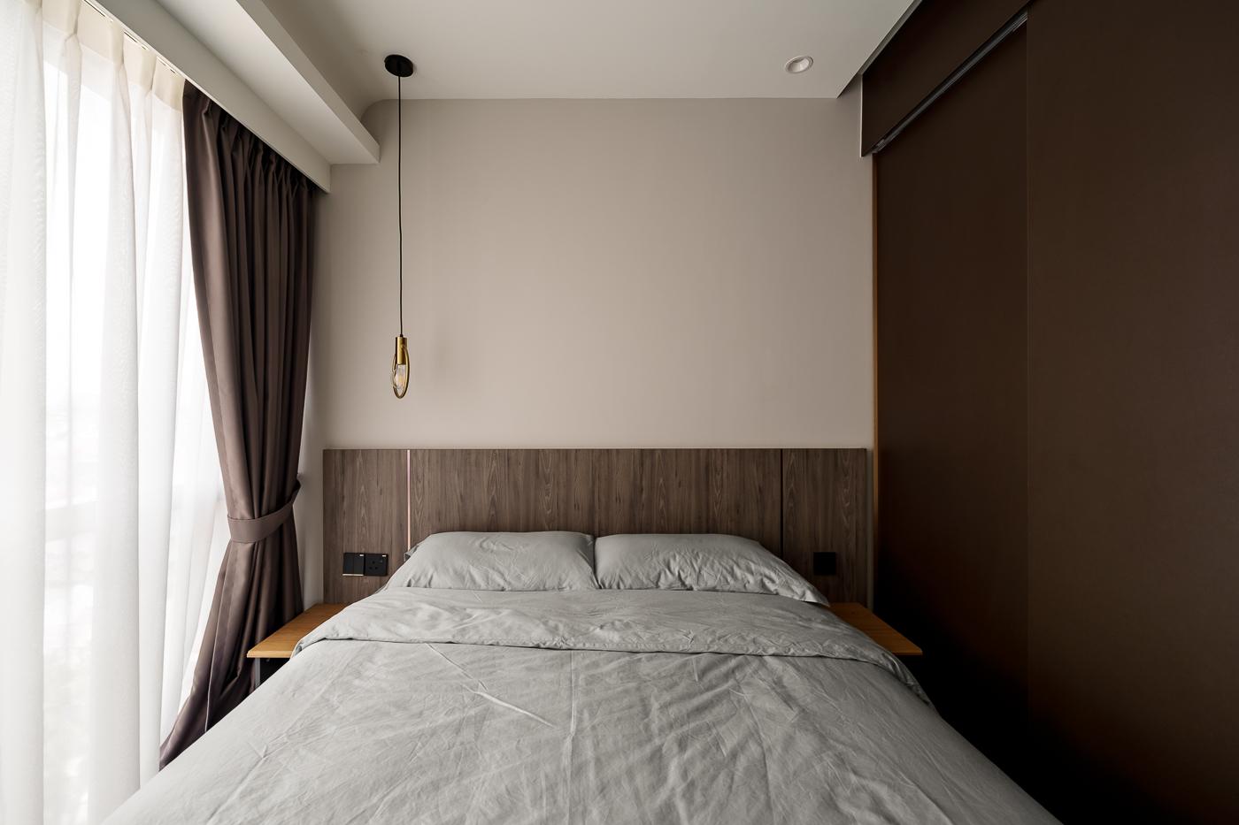 Modern Bedroom with Drop Light and Curtain