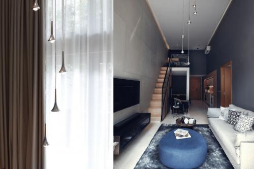 Industrial Living Room at Alcove home at mon jervois