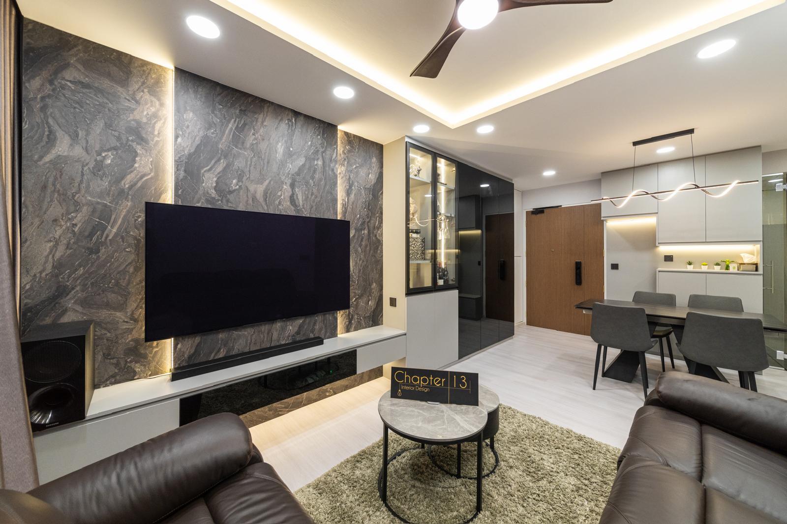 Modern Living Room with Homogeneous Tiles and TV Console