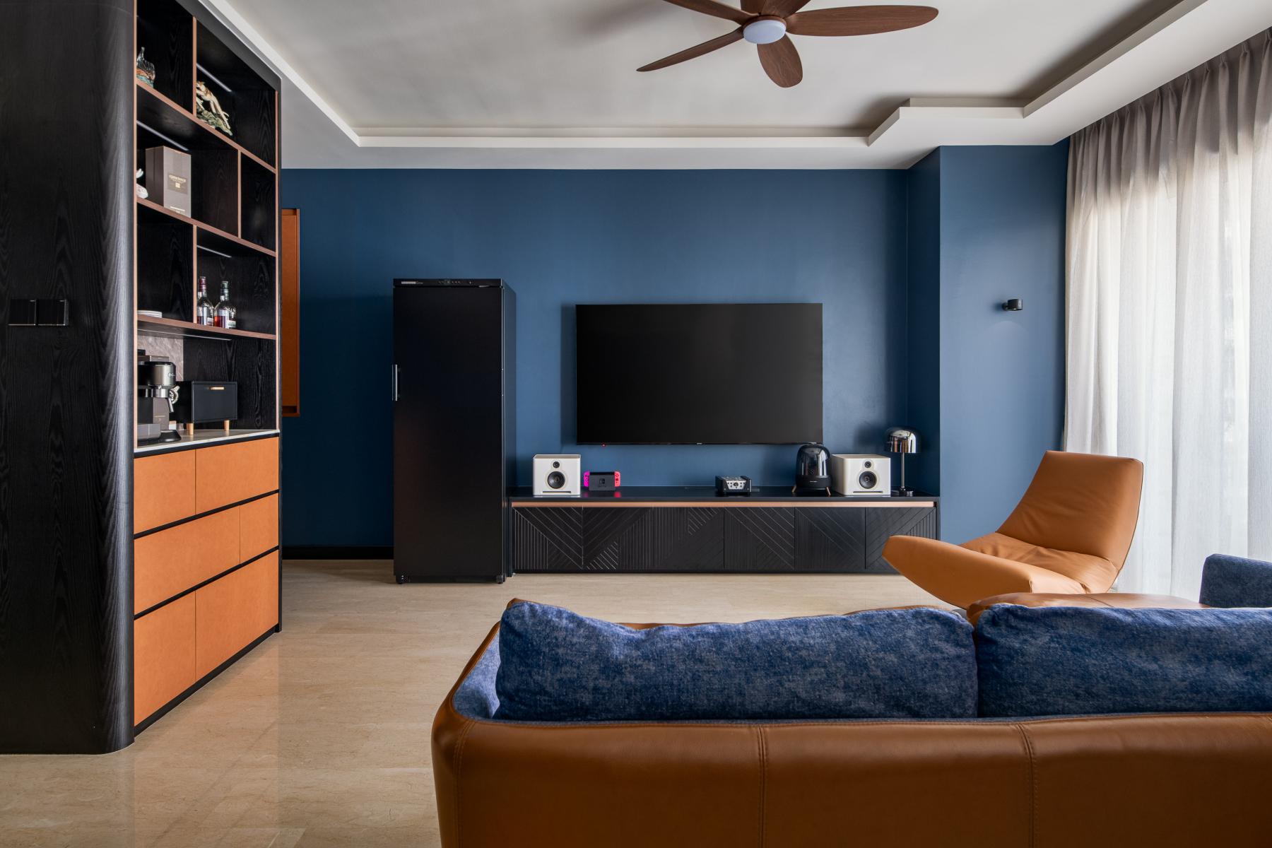 Eclectic Living Room with TV Console and Feature Wall