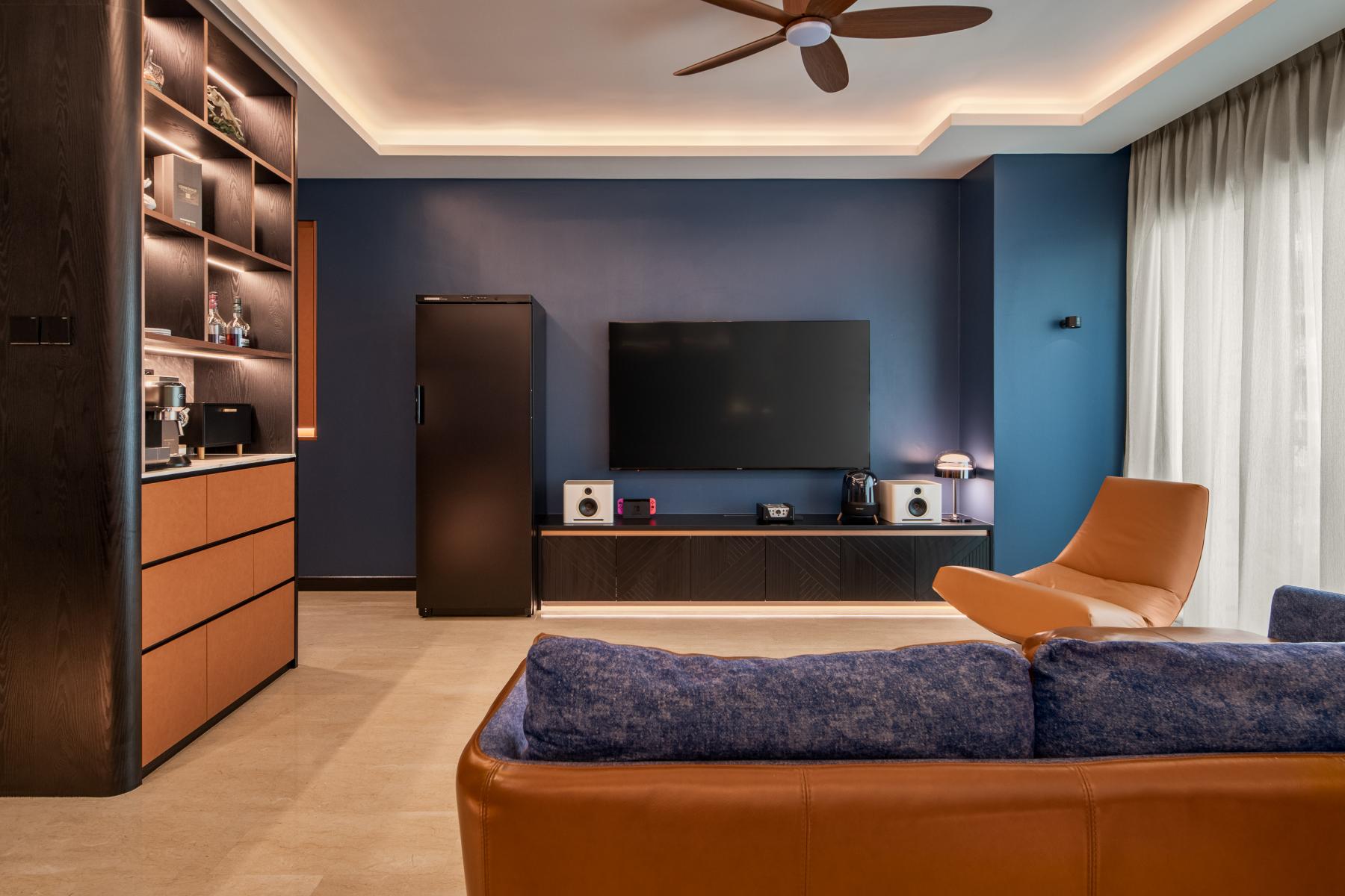 Eclectic Living Room with TV Console and Feature Wall