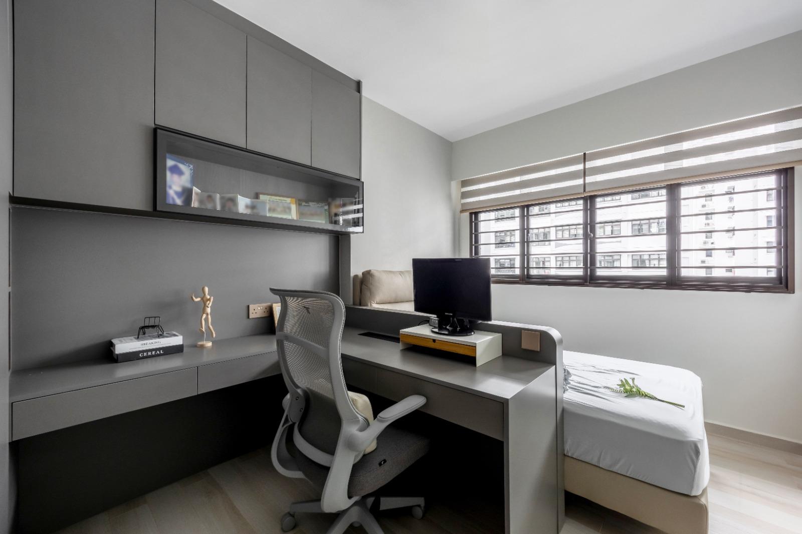Contemporary Bedroom with Vinyl Flooring and Roller Blinds