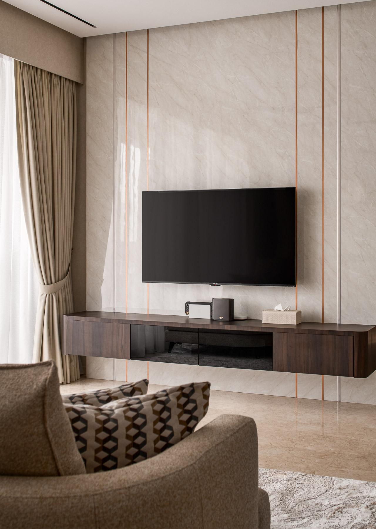 Contemporary Living Room with TV Console and Feature Wall