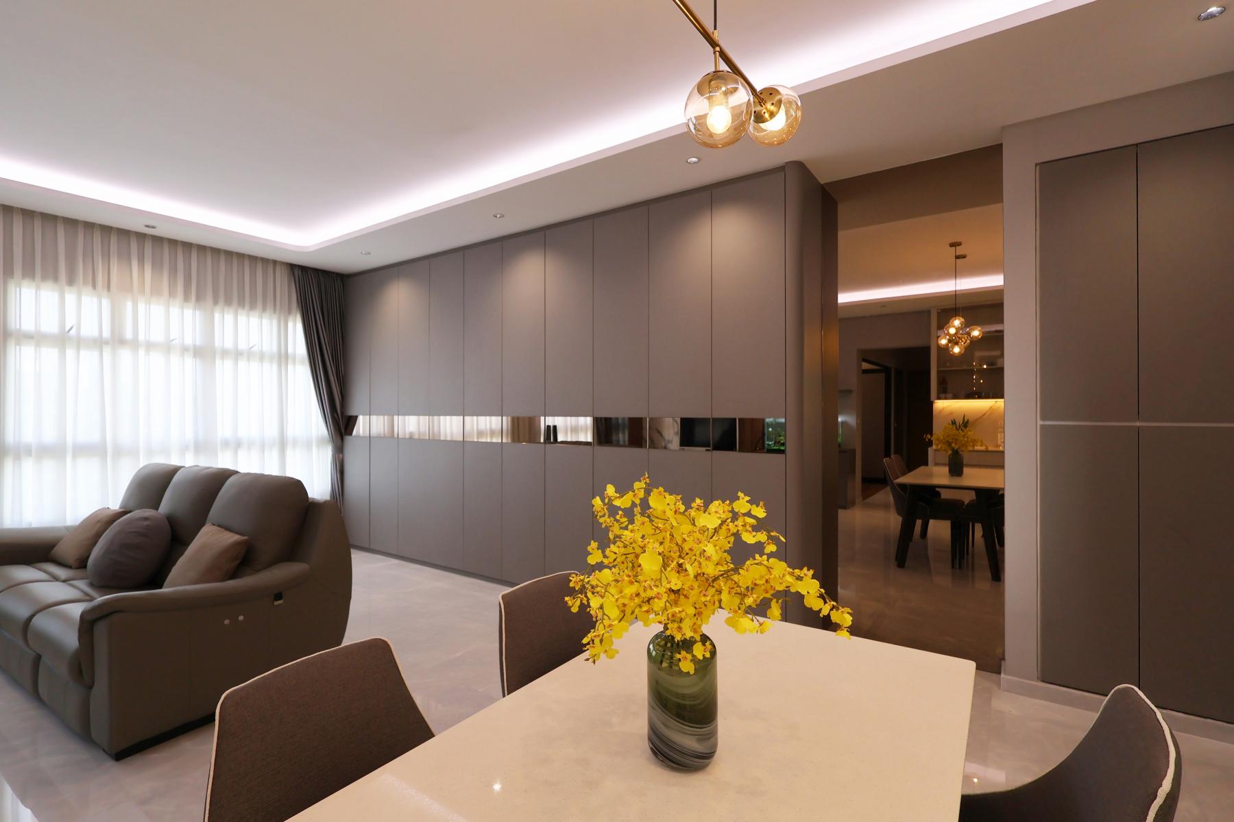 Contemporary Living Room with Homogeneous Tiles and TV Console