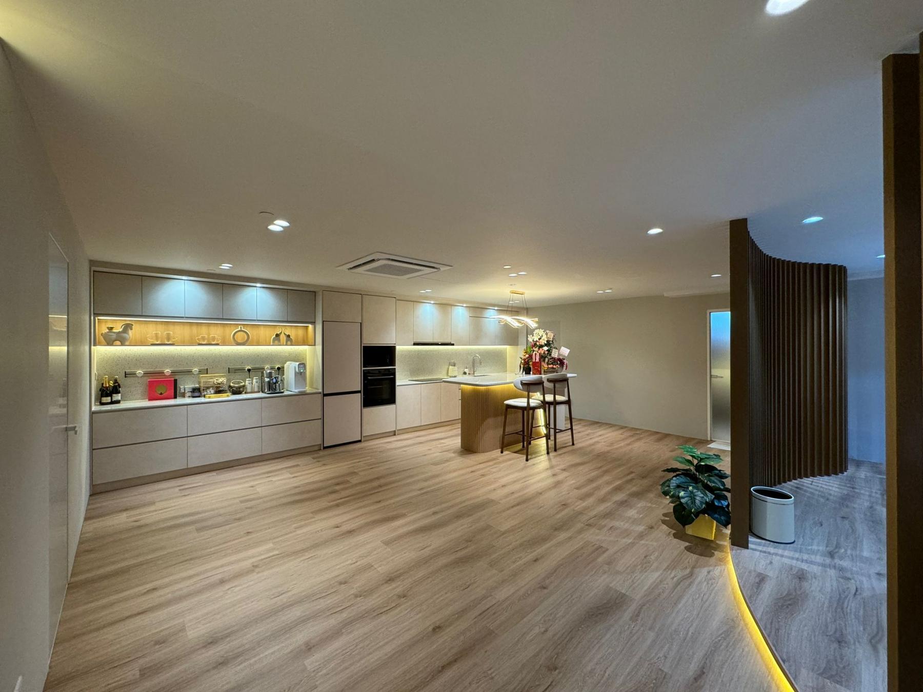 Minimalist Pantry with Kitchen Island and Open Kitchen