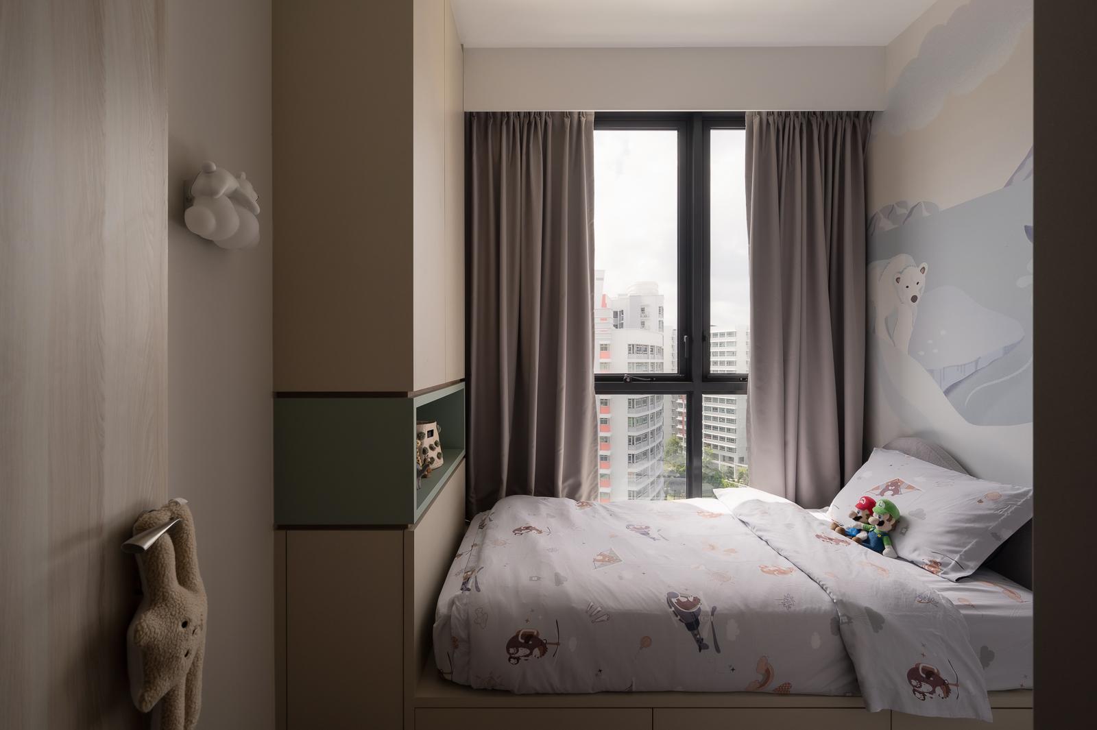 Scandinavian Bedroom with Bookshelf and Vinyl Flooring