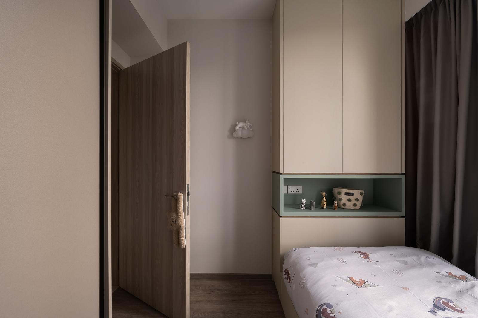 Scandinavian Bedroom with Bookshelf and Platform Bed