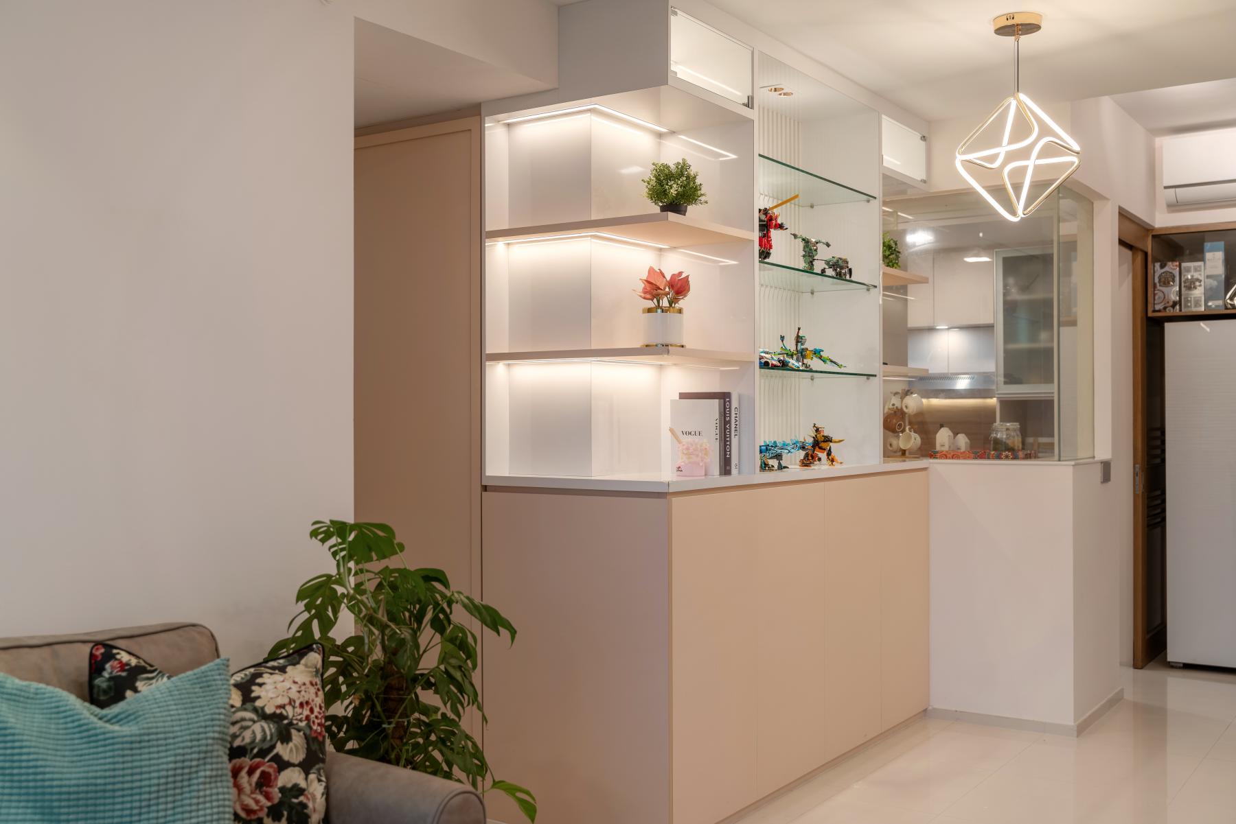 Contemporary Living Room with Bookshelf and Ceiling Light