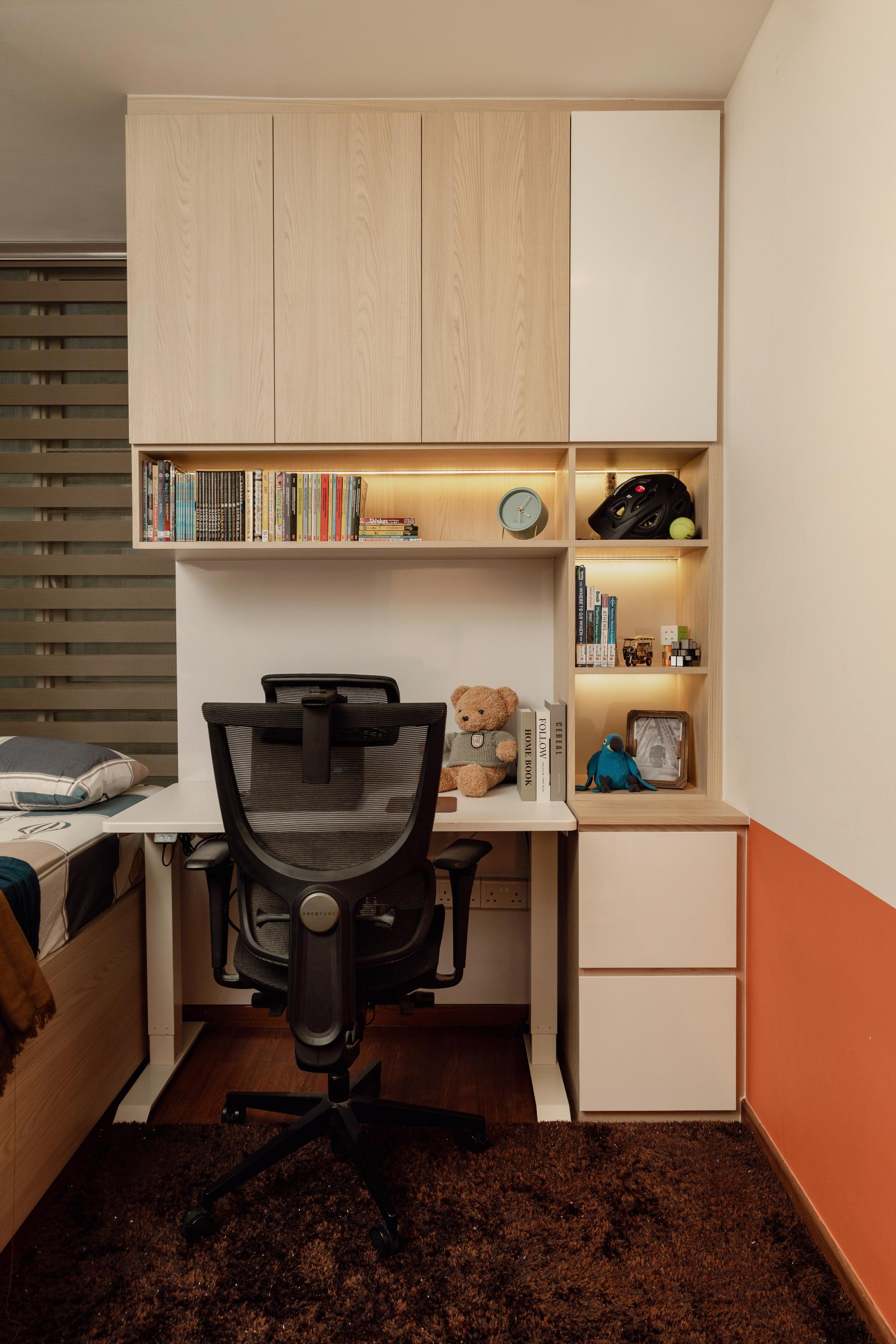 Contemporary Bedroom with Bookshelf and Platform Bed