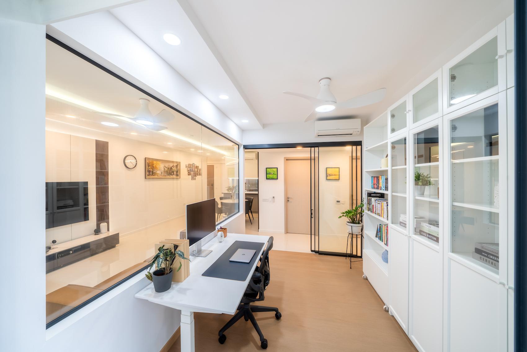 Modern Home Office with Bookshelf and Small Storage