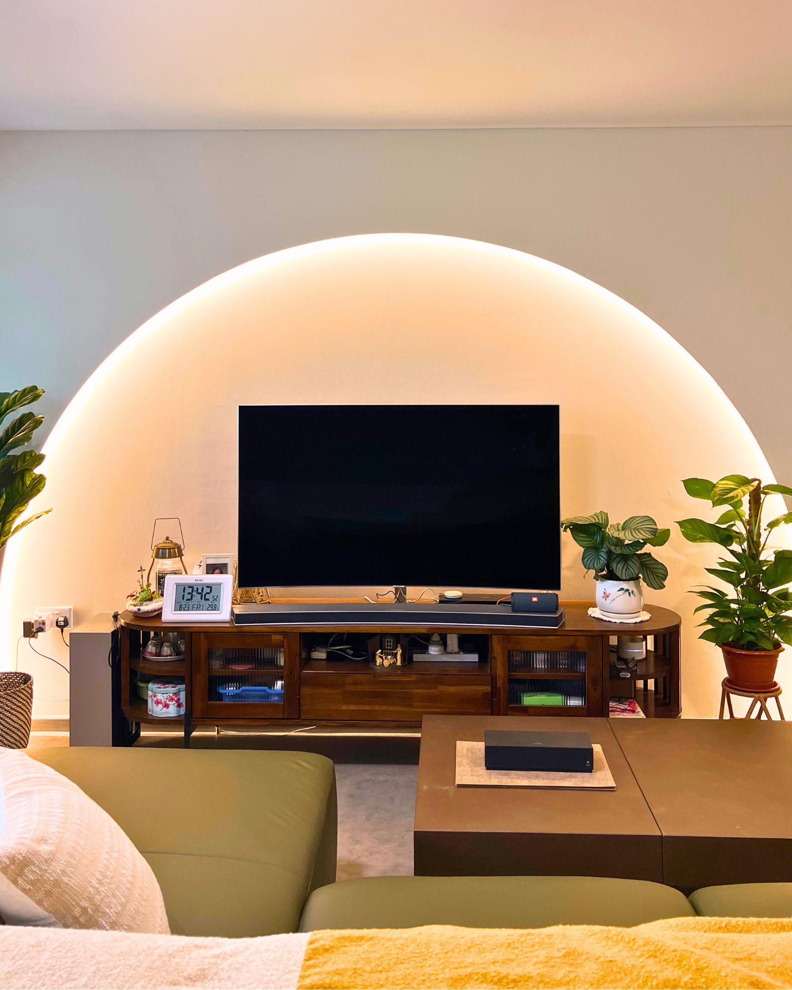 Scandinavian Living Room with TV Console and Feature Wall