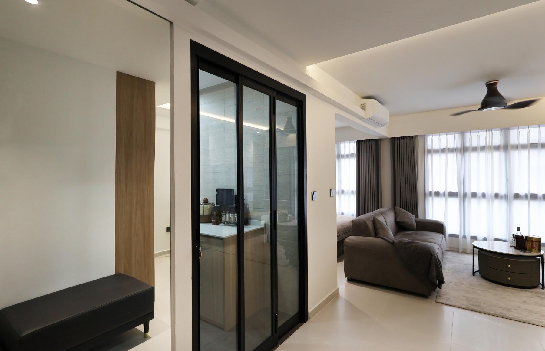 Contemporary Living Room with Homogeneous Tiles and TV Console