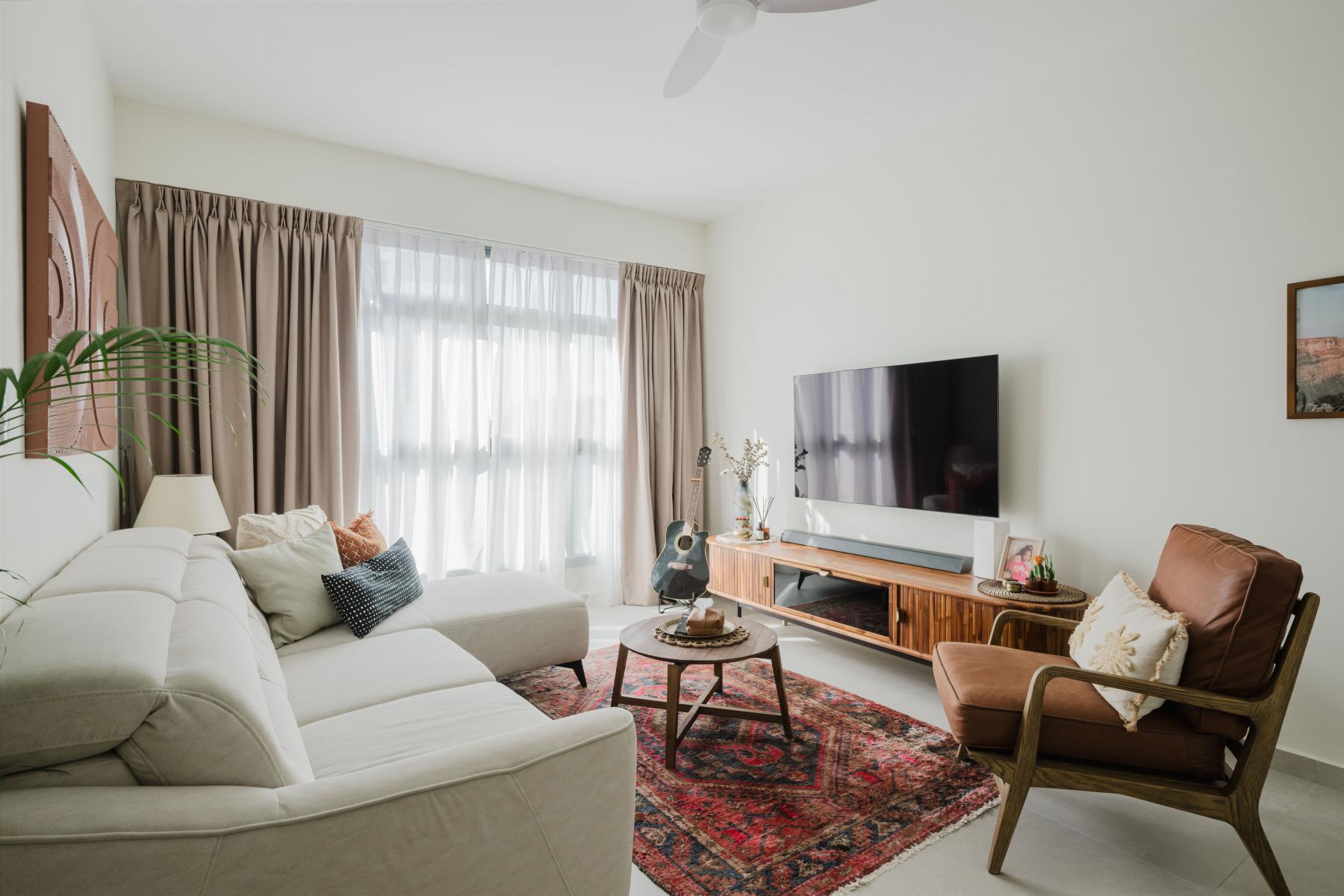 Country Living Room with Homogeneous Tiles and TV Console