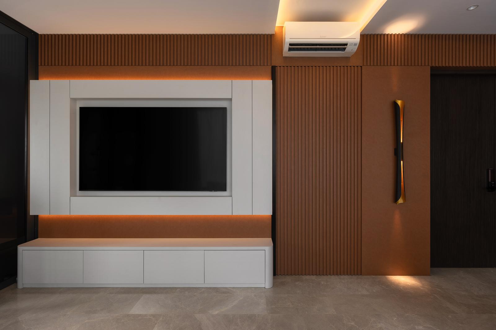 Contemporary Living Room with TV Console and Feature Wall