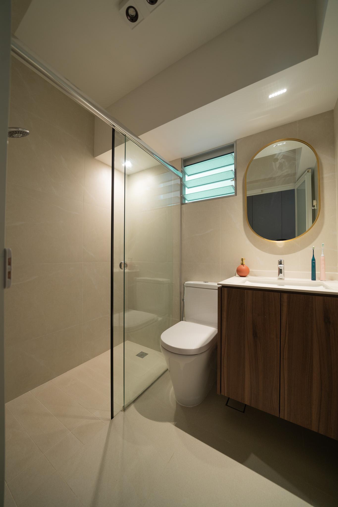 Minimalist Bathroom with Cement Floor and Mirror