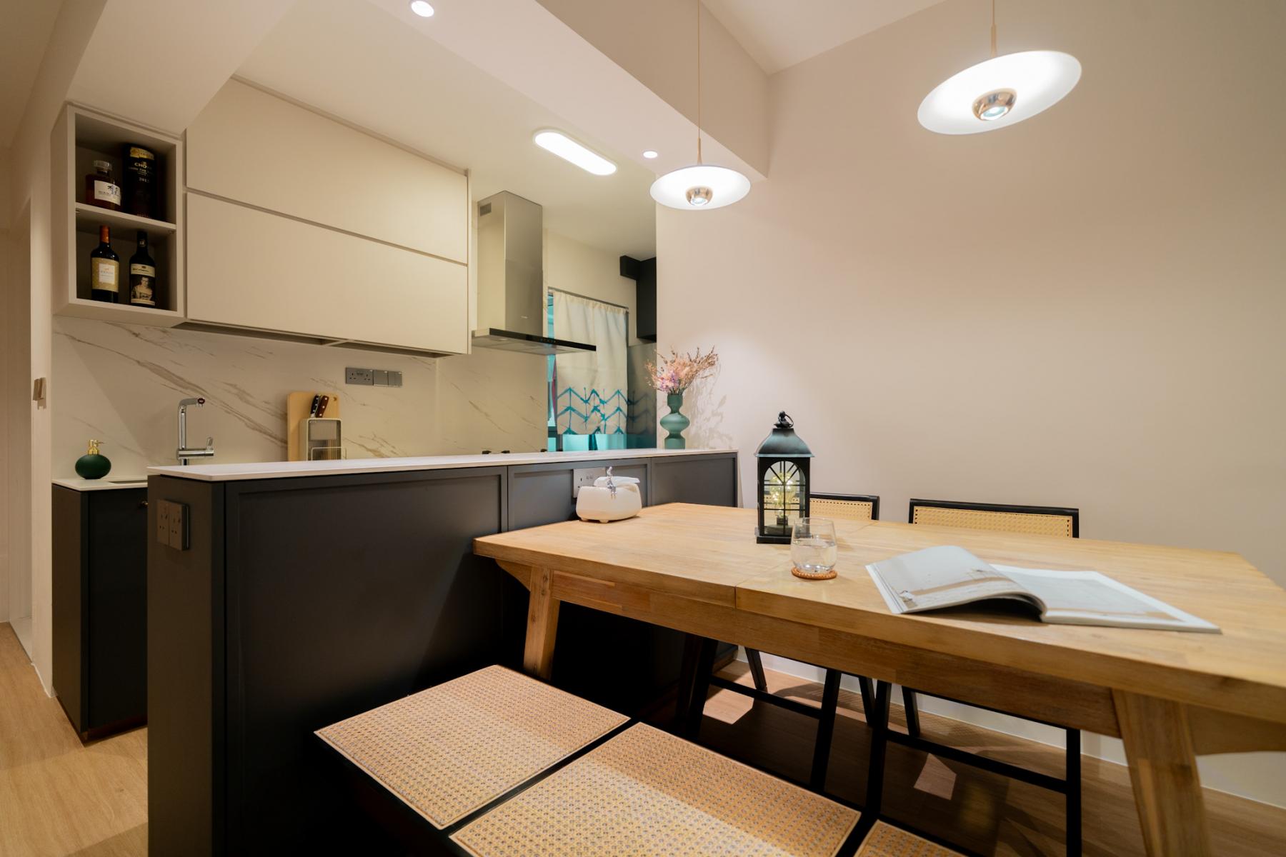 Minimalist Dining Room with Drop Light and Ceiling Light
