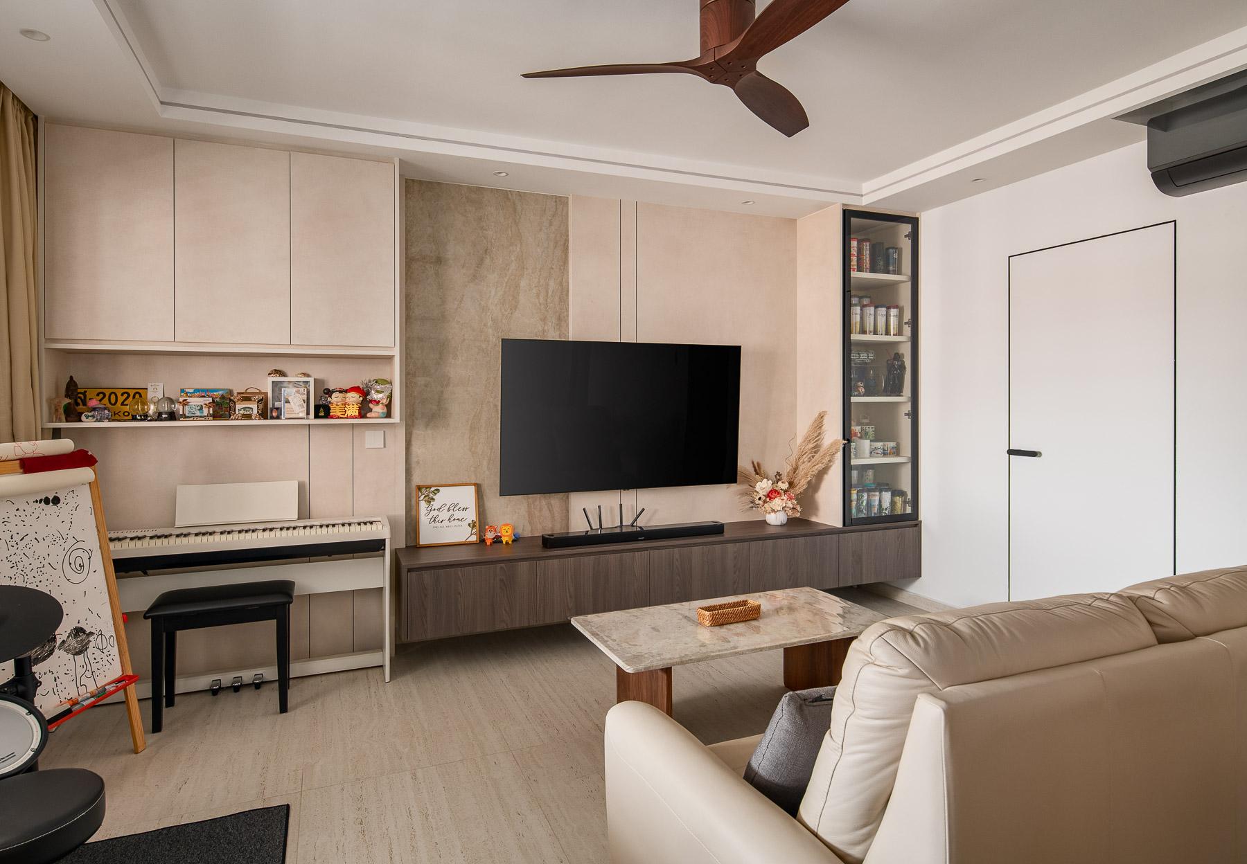 Contemporary Living Room with TV Console and Feature Wall