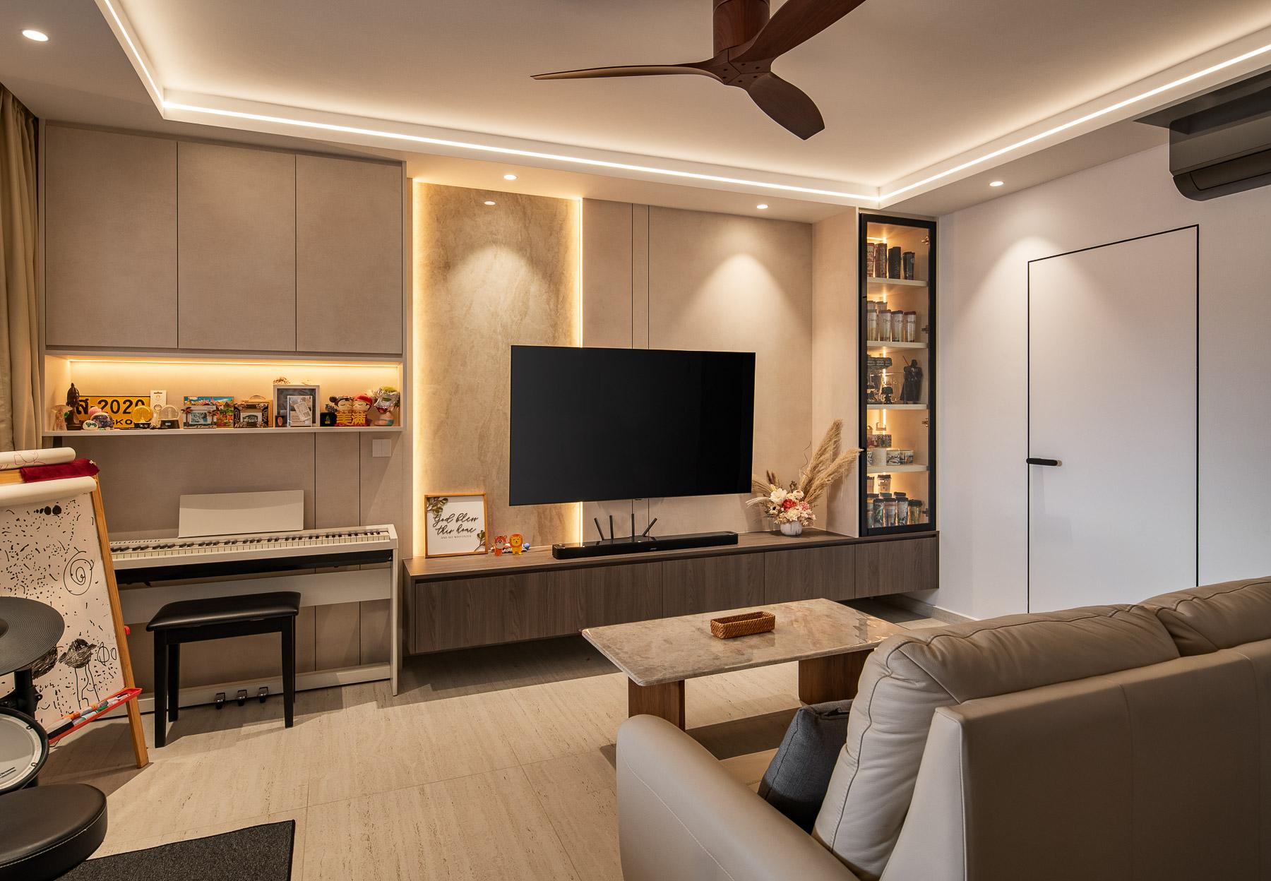 Contemporary Living Room with TV Console and Feature Wall