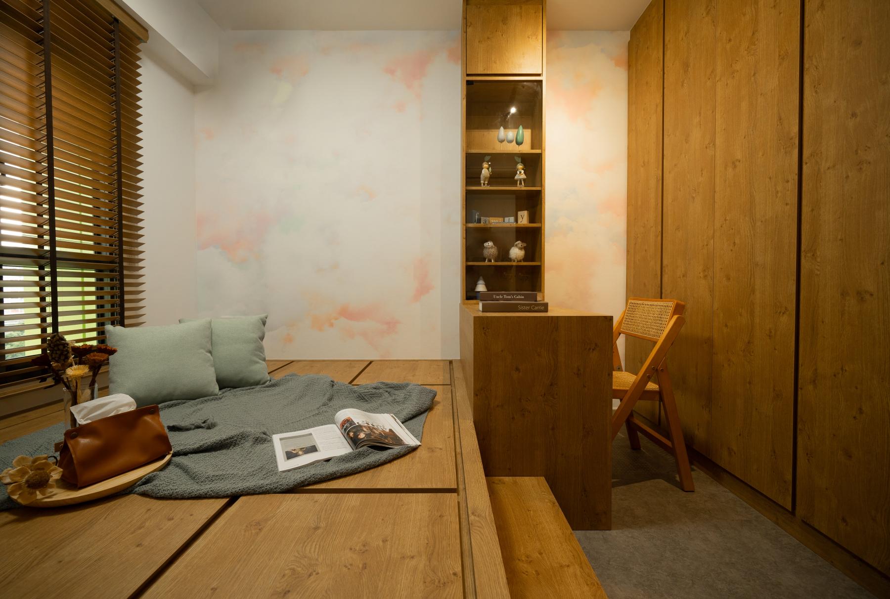 Asian Study with Bookshelf and Feature Wall