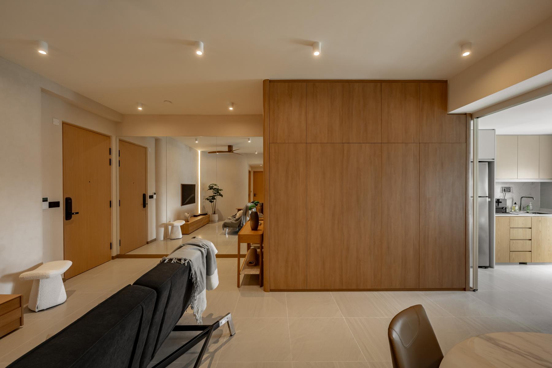 Modern Living Room with Mirror and Shoe Cabinets