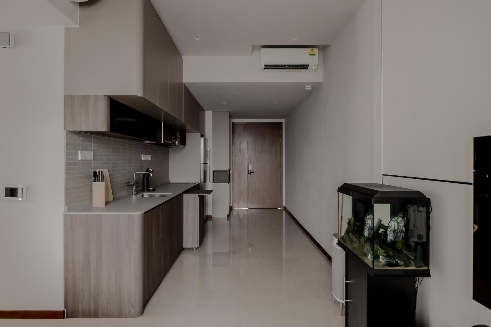 Modern Kitchen with Countertop and Marble Floor