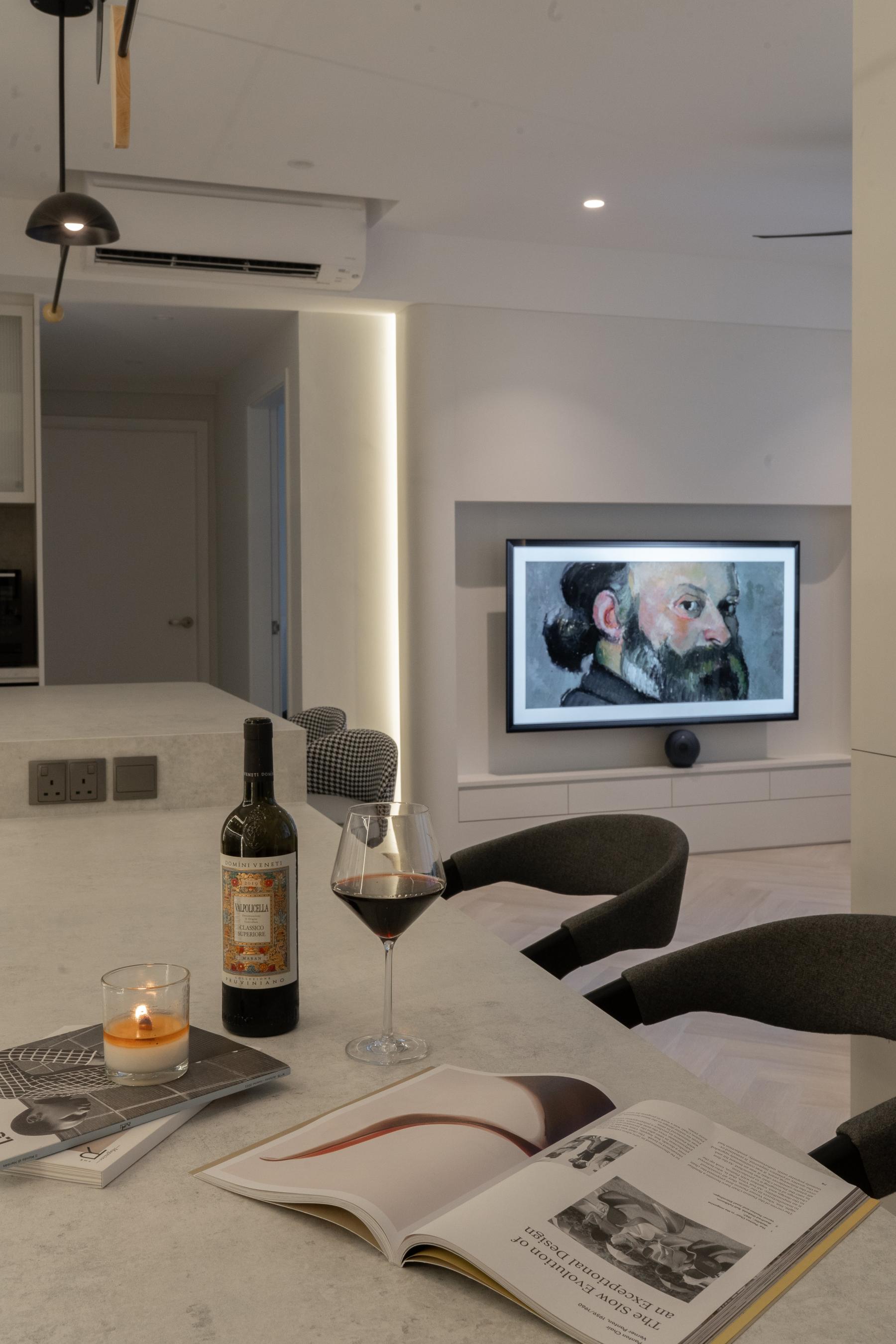 Contemporary Dining Room with Bar Counter and Lighting