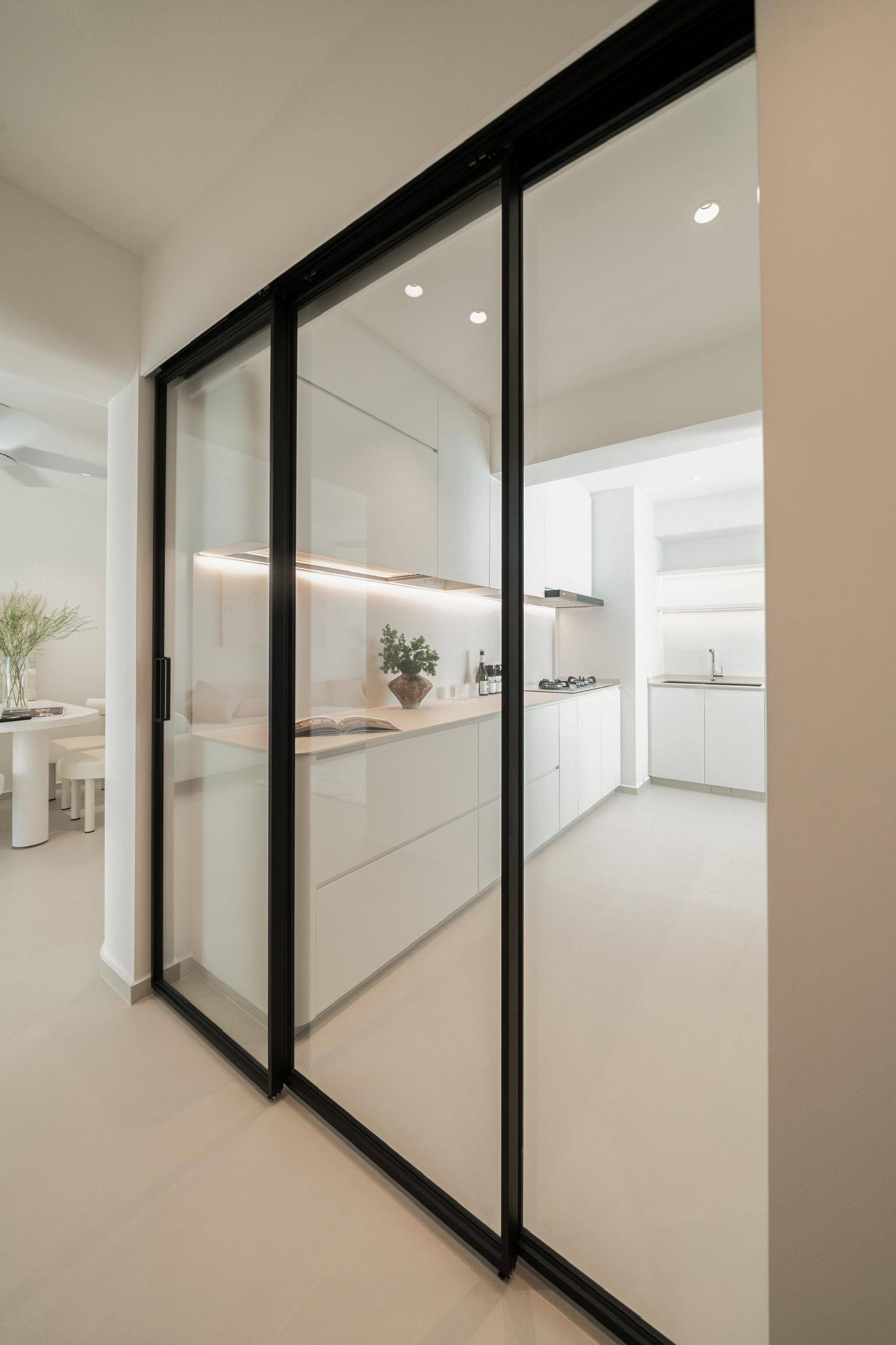 Minimalist Pantry with Kitchen Window and Glass Door