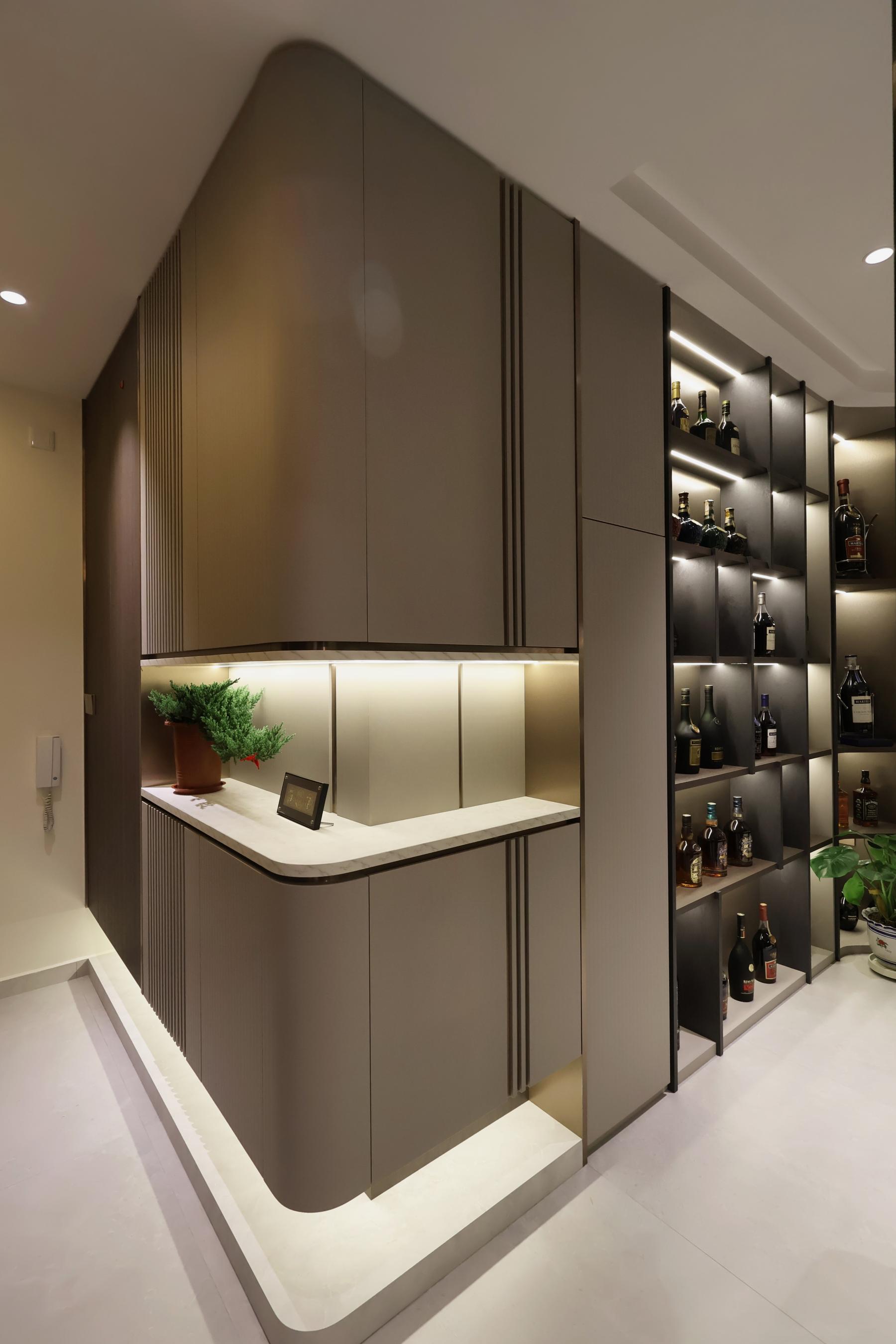 Contemporary Hallway with Paintings and Small Storage