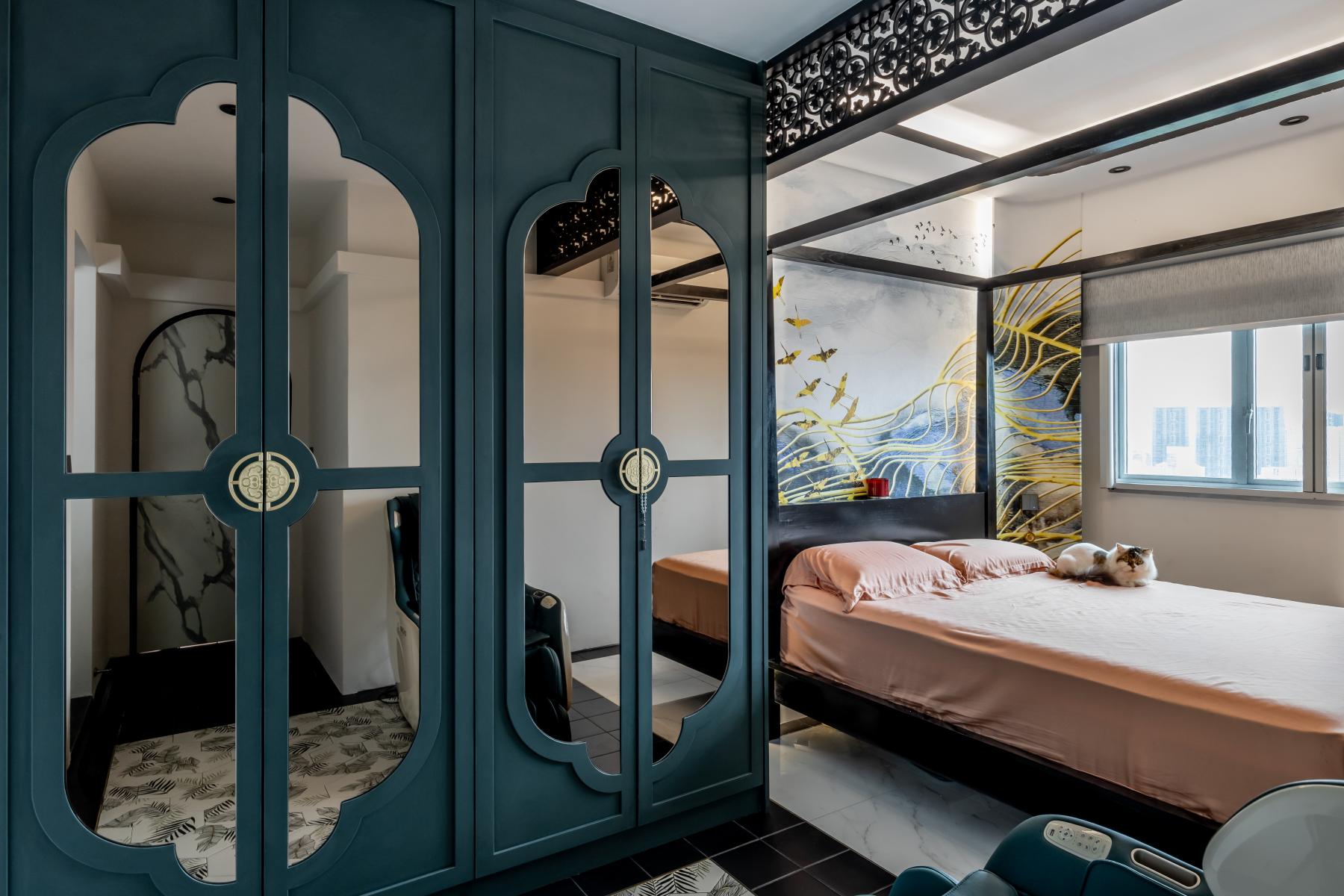 Asian Bedroom with Herringbone Tiling and Wood Flooring