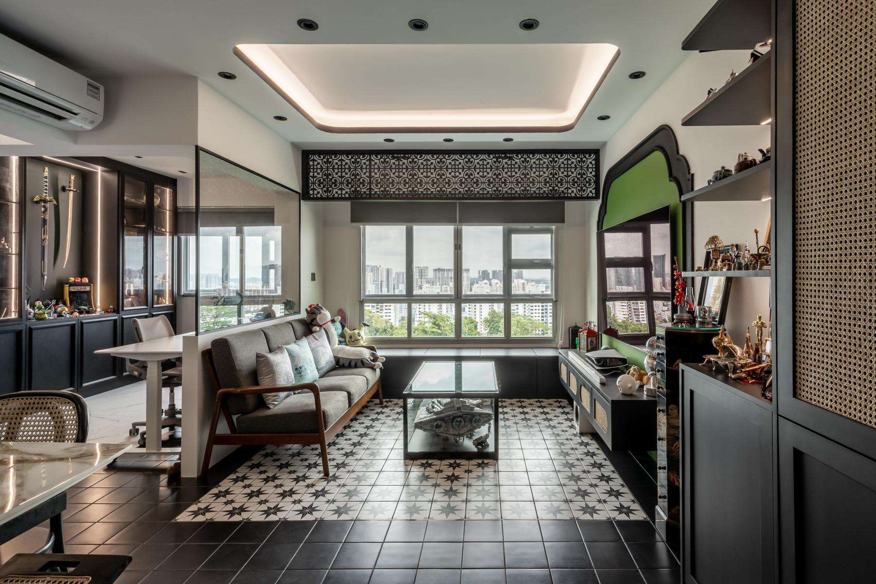 Asian Living Room with Parquet Floor and Cement Floor