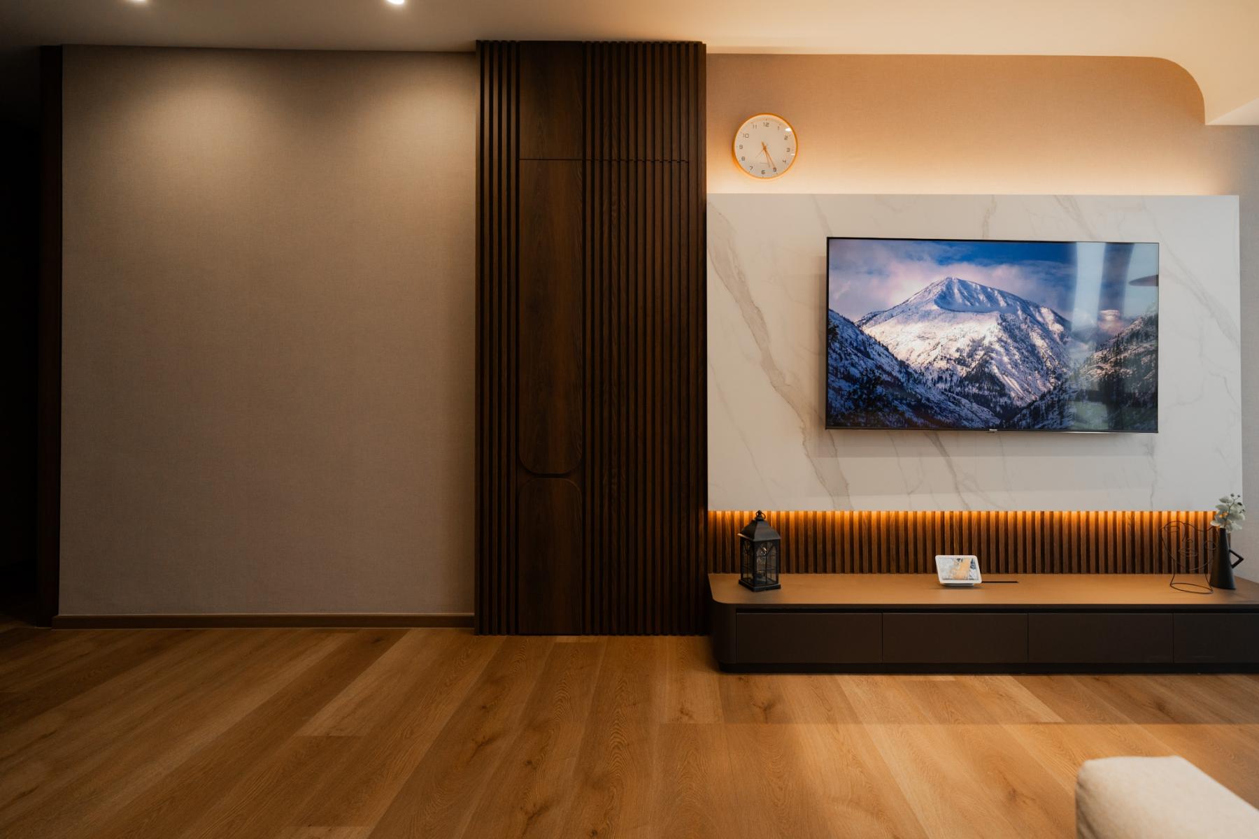 Modern Living Room with TV Console and Drop Light