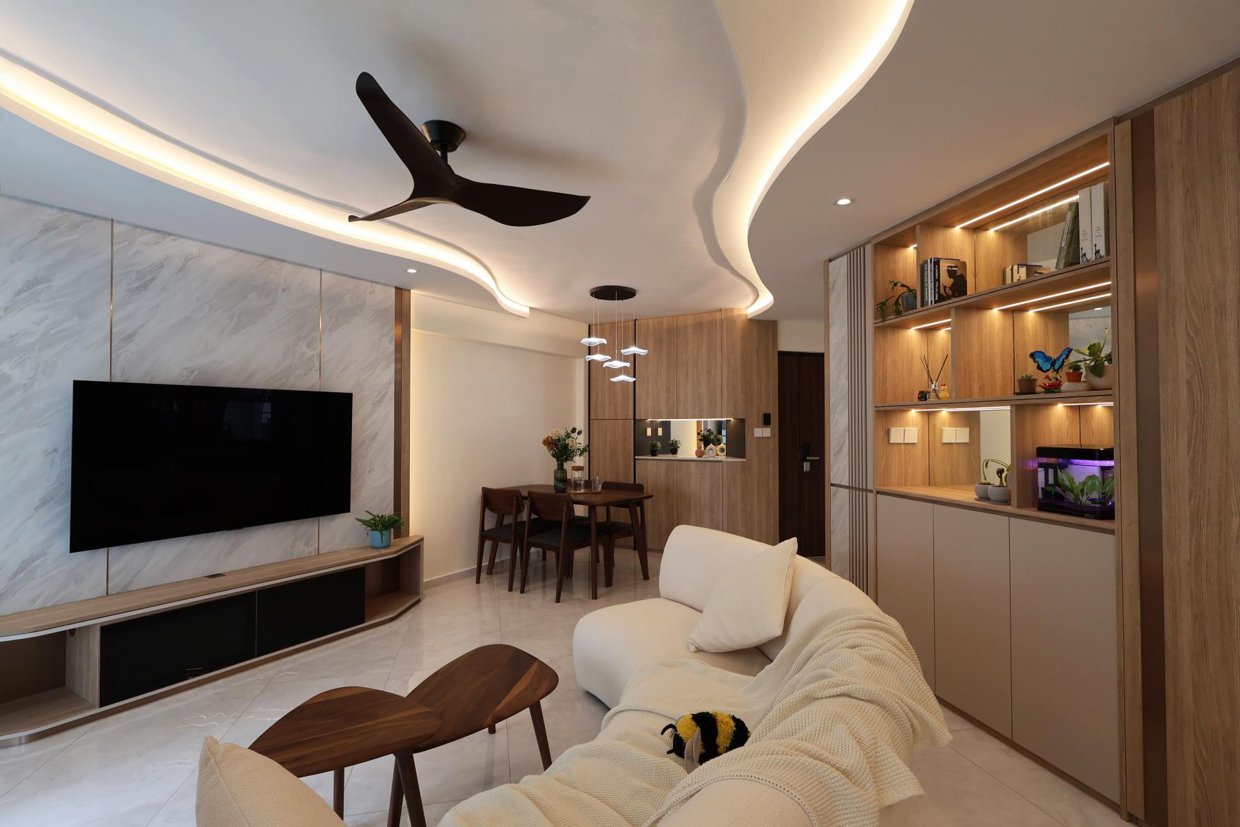 Contemporary Living Room with TV Console and Drop Ceiling