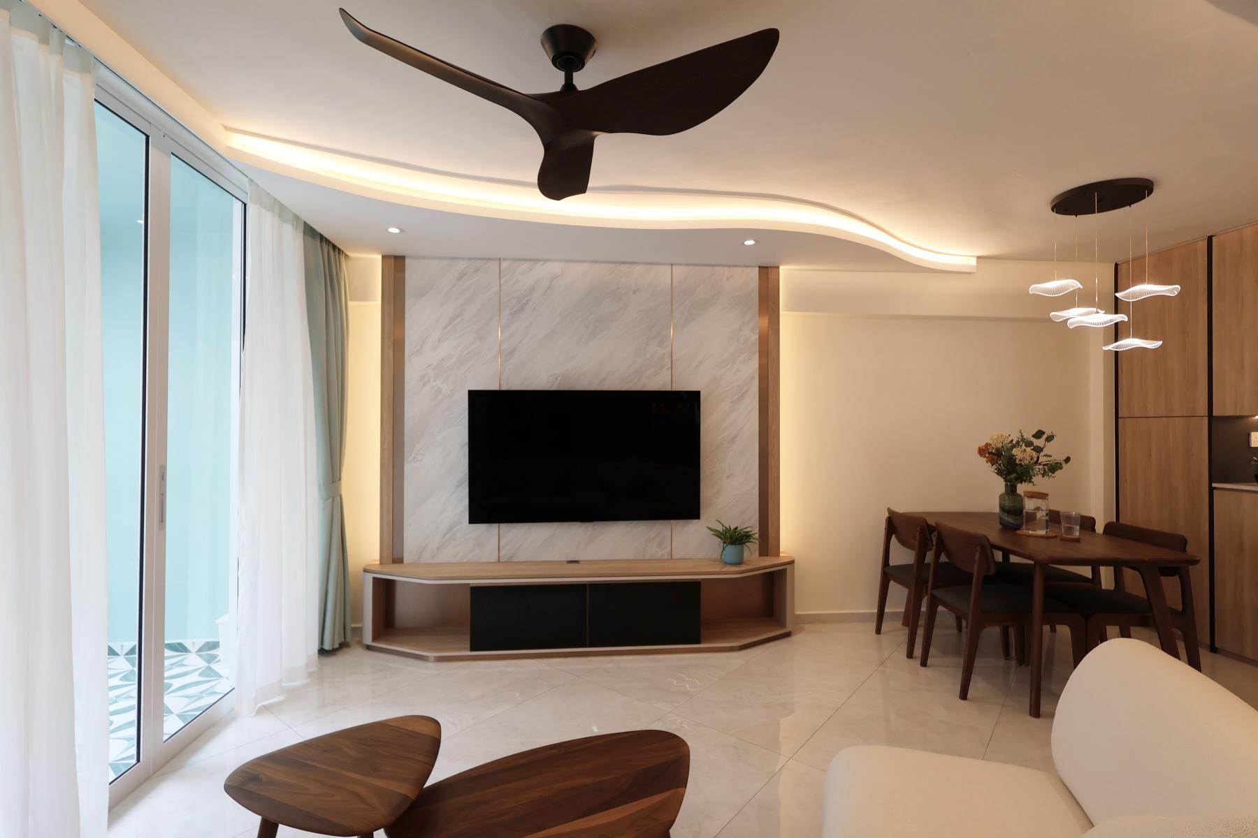 Contemporary Living Room with TV Console and Drop Ceiling