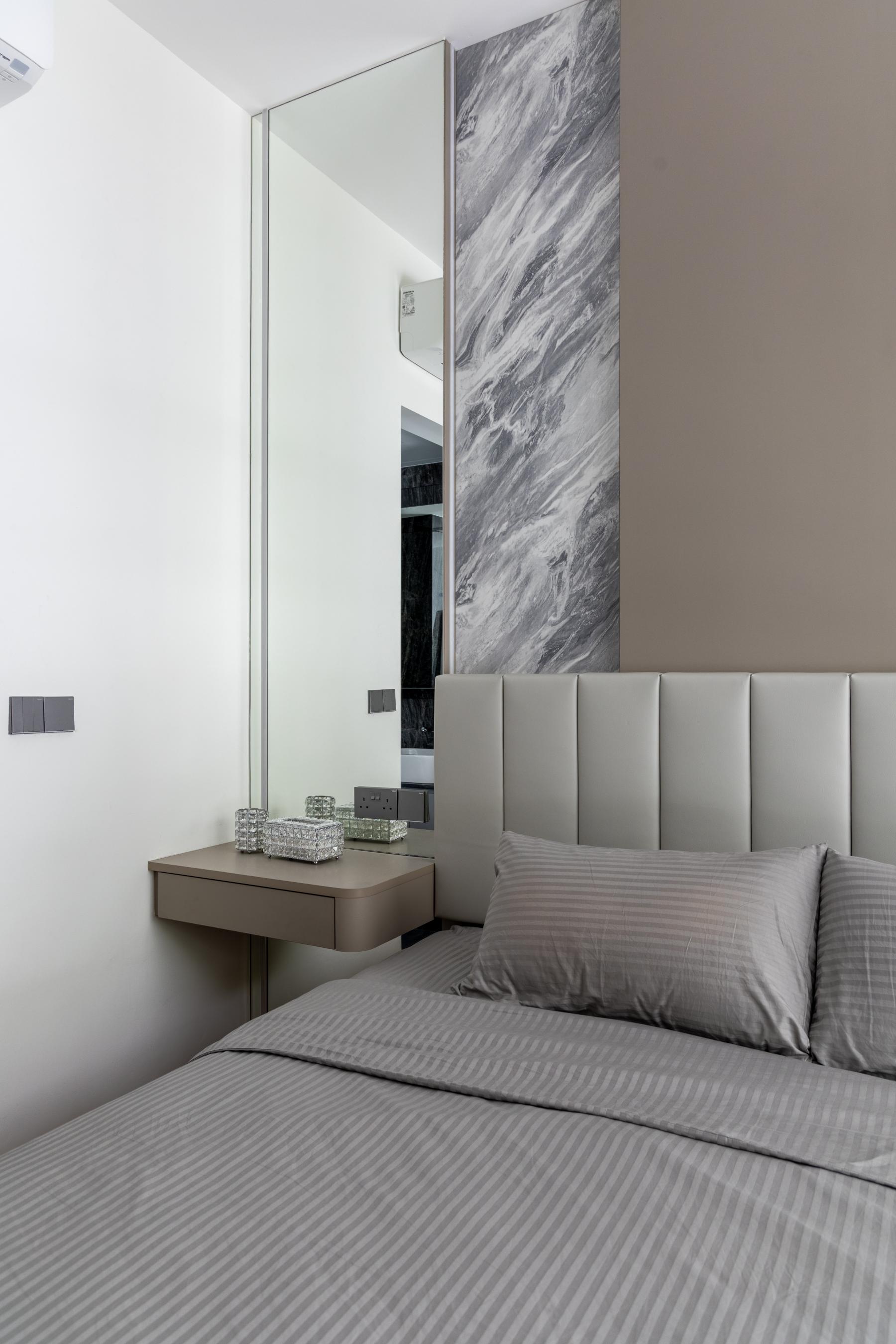 Modern Bedroom with Parquet Floor and Feature Wall