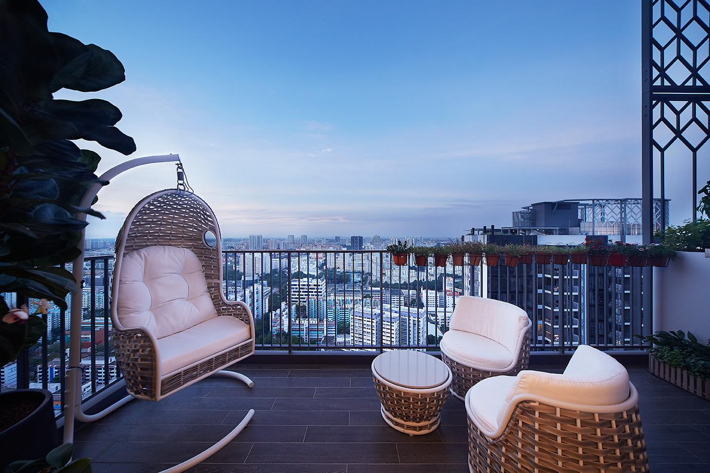 Modern Balcony with Homogeneous Tiles and Curtain