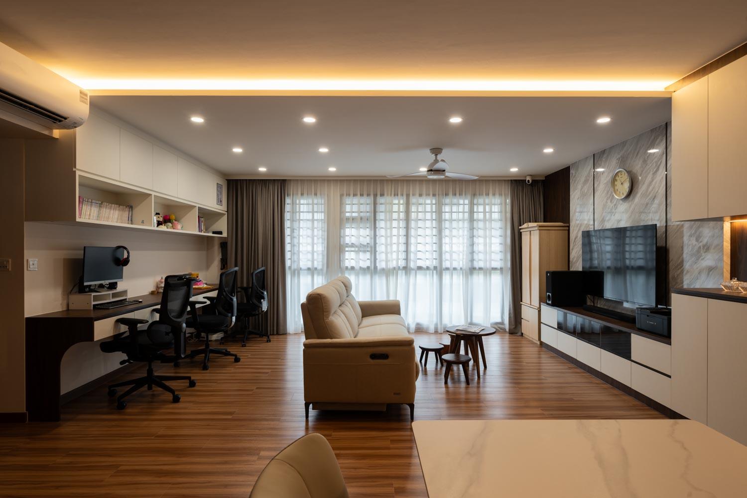 Modern Living Room with Vinyl Flooring and Feature Wall