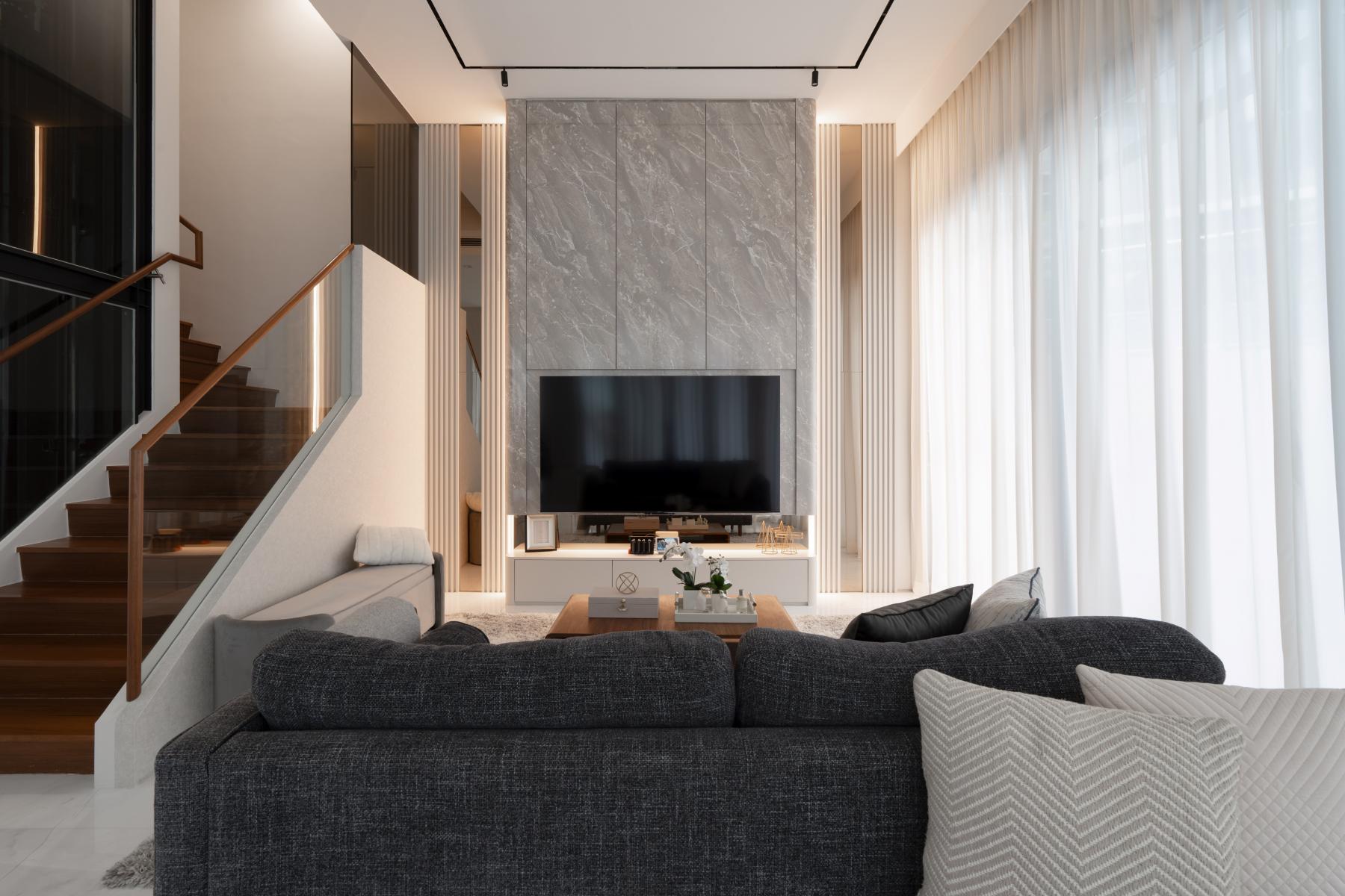 Modern Gaming Room with TV Console and Sofa