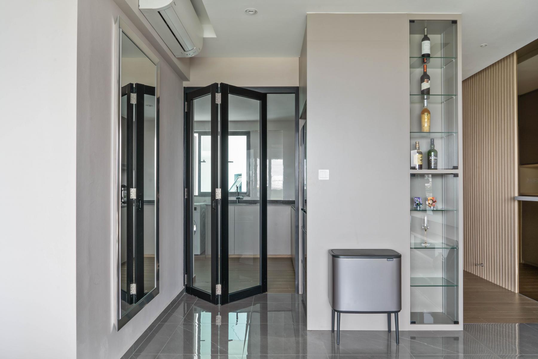 Contemporary Hallway with Bookshelf and Mirror