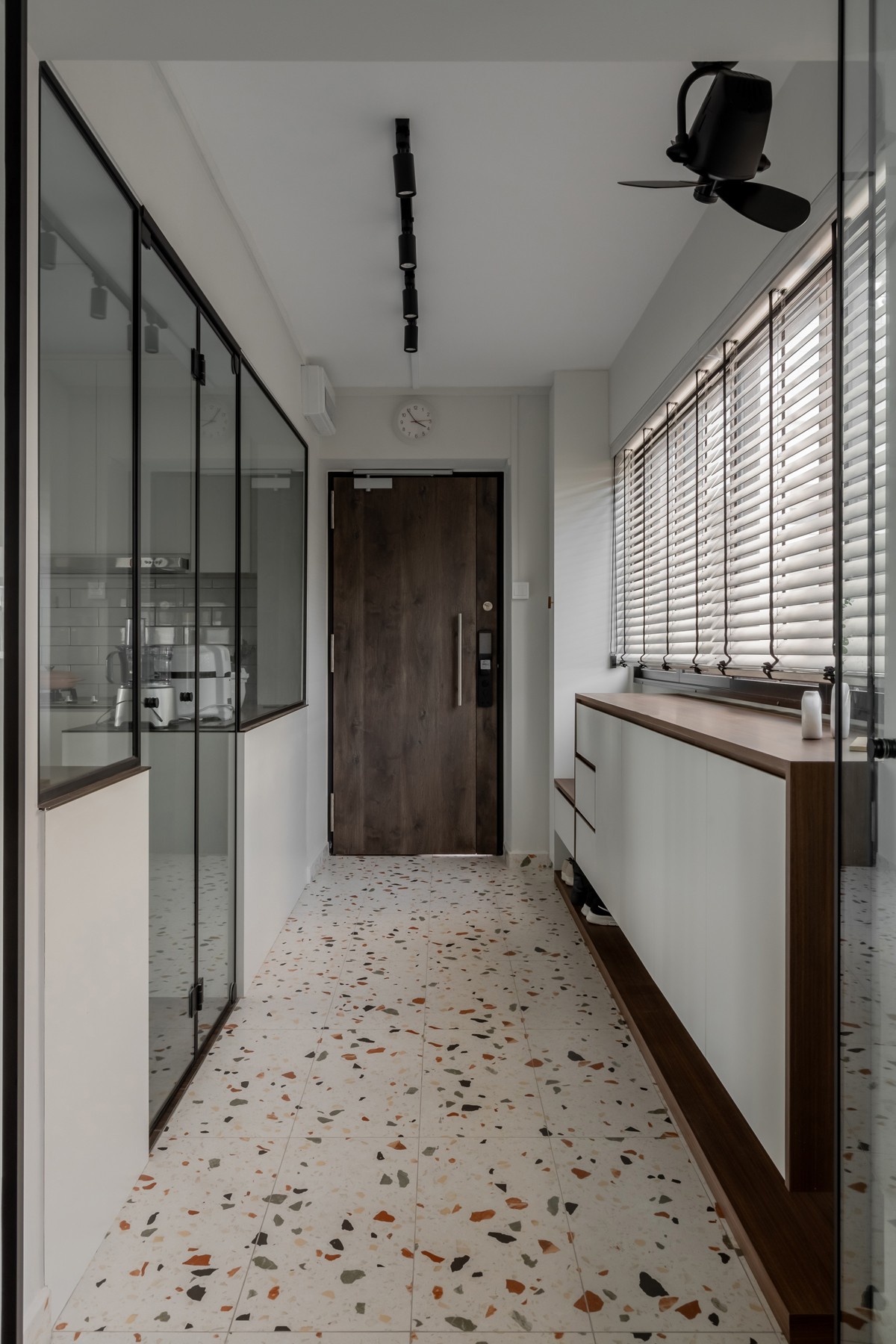 Modern Entryway with Seating Bench and Storage Cabinets