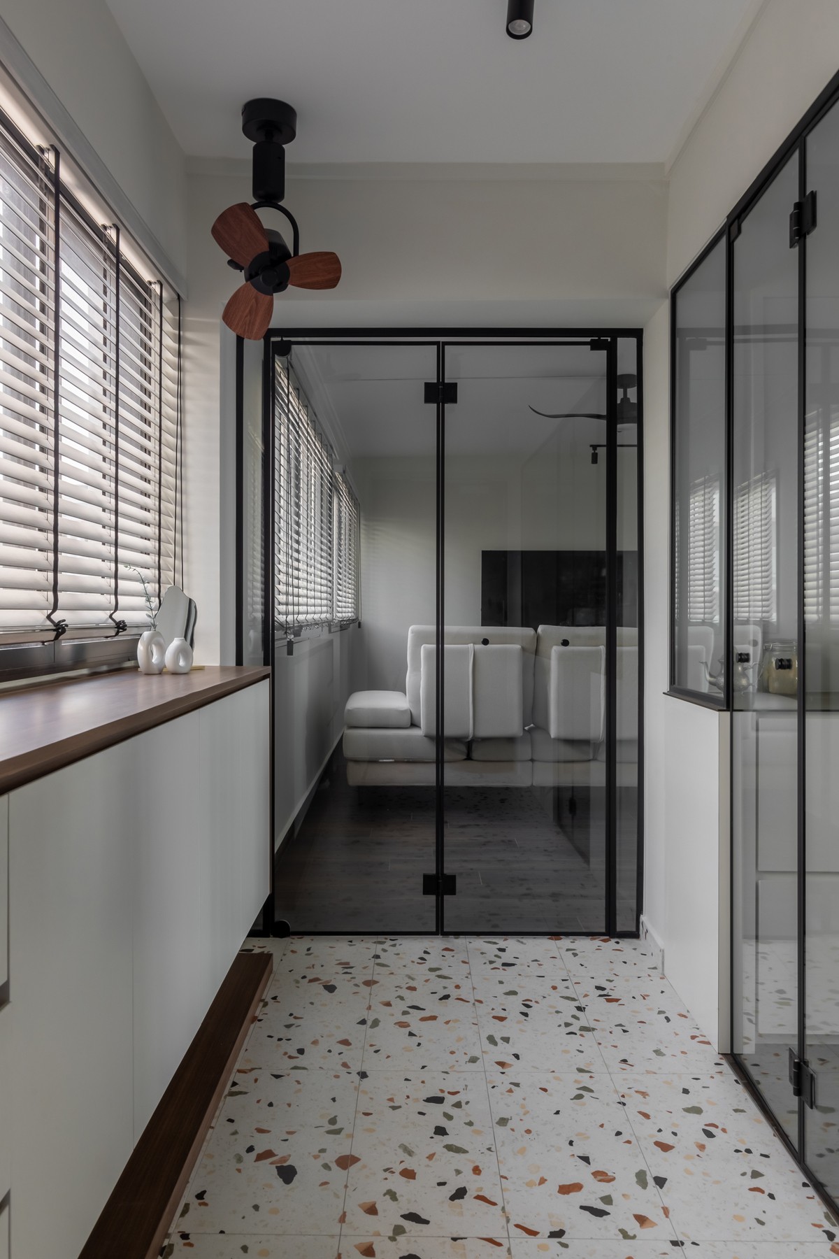 Modern Entryway with Glass Door and Seating Bench