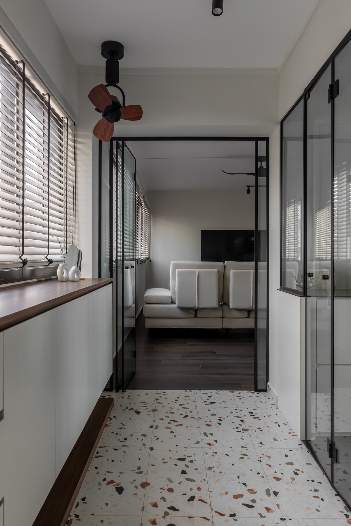 Modern Entryway with Glass Door and Seating Bench
