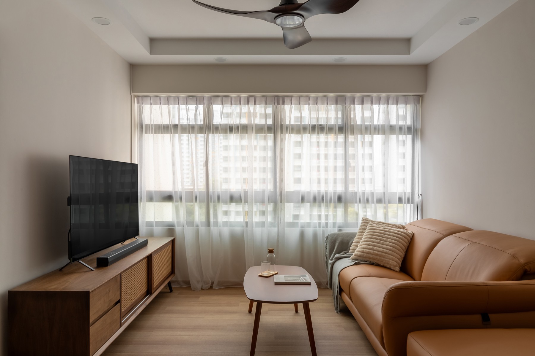 Contemporary Living Room with Vinyl Flooring and Ceiling Fan